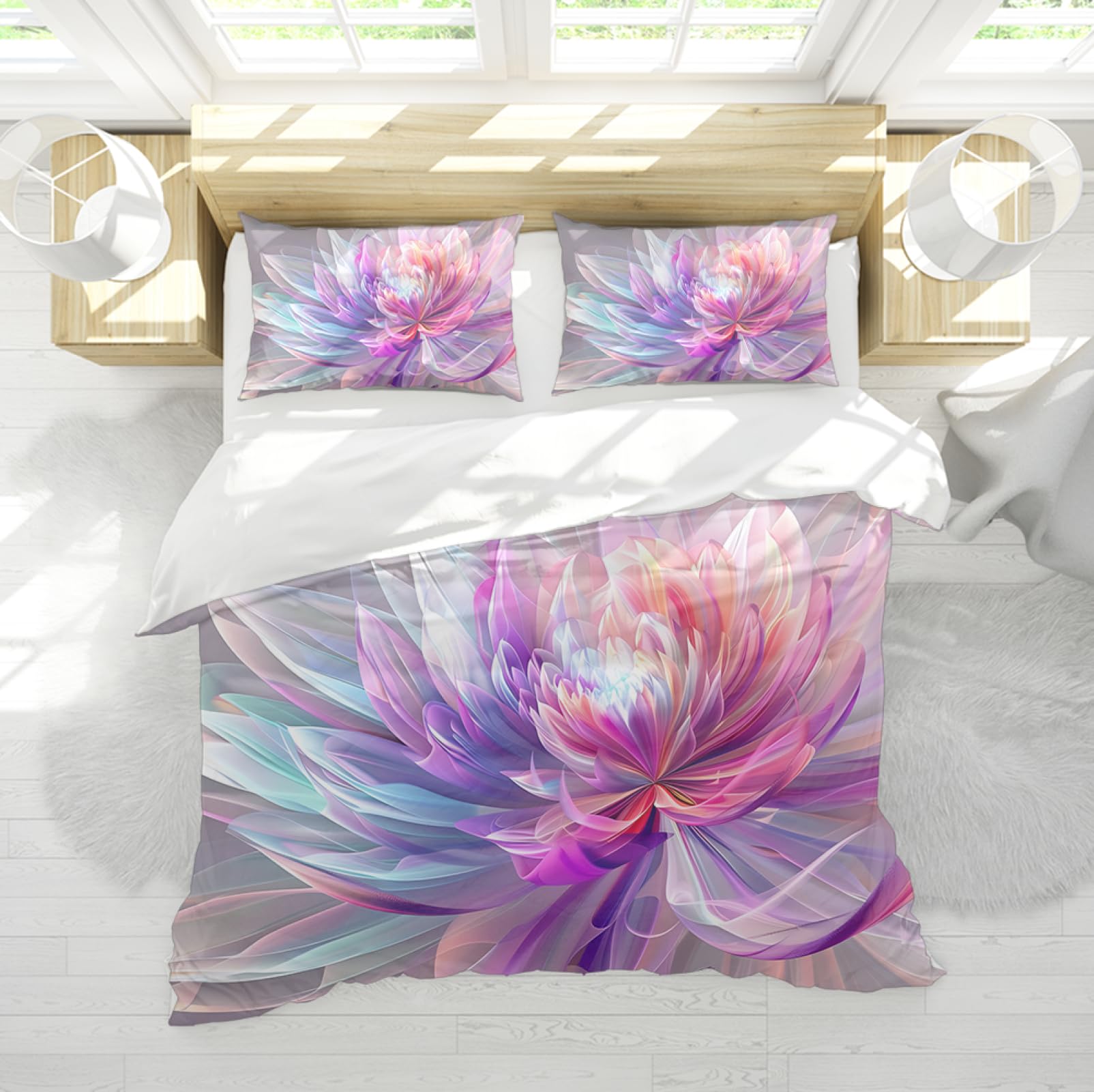 Housse de couette 200x200cm fleurie avec son ensemble de lit 3 pièces imprimé coloré