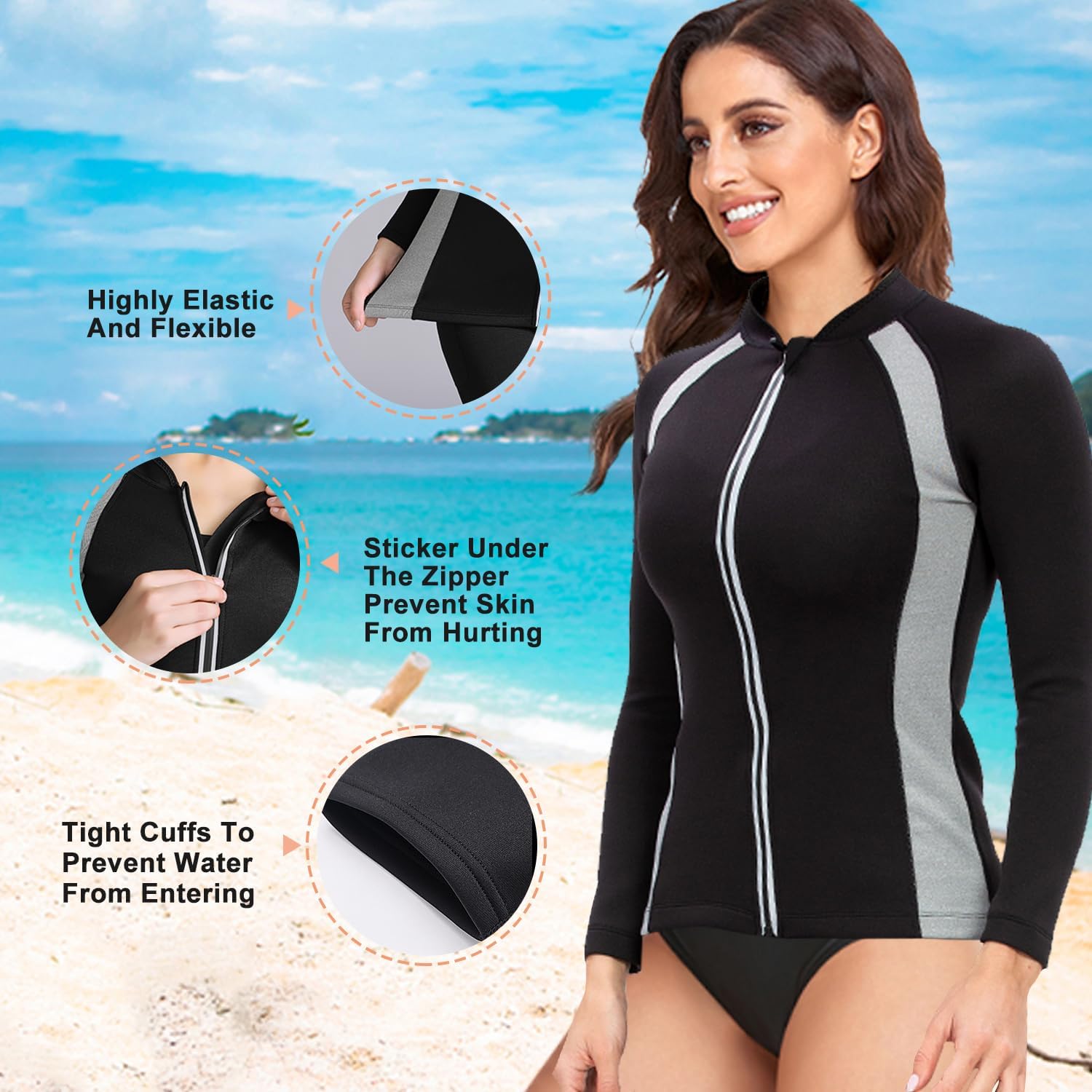 Women’s Neoprene 2mm Wetsuit Top Thermal Swimsuit Long Sleeve Diving Suit Surfing Jacket for Boating Snorkeling - Image 3