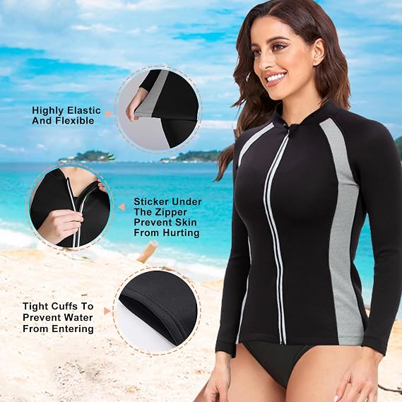 Womens Neoprene 2mm Wetsuit Top Thermal Swimsuit Long Sleeve Diving Suit Surfing Jacket for Boating Snorkeling