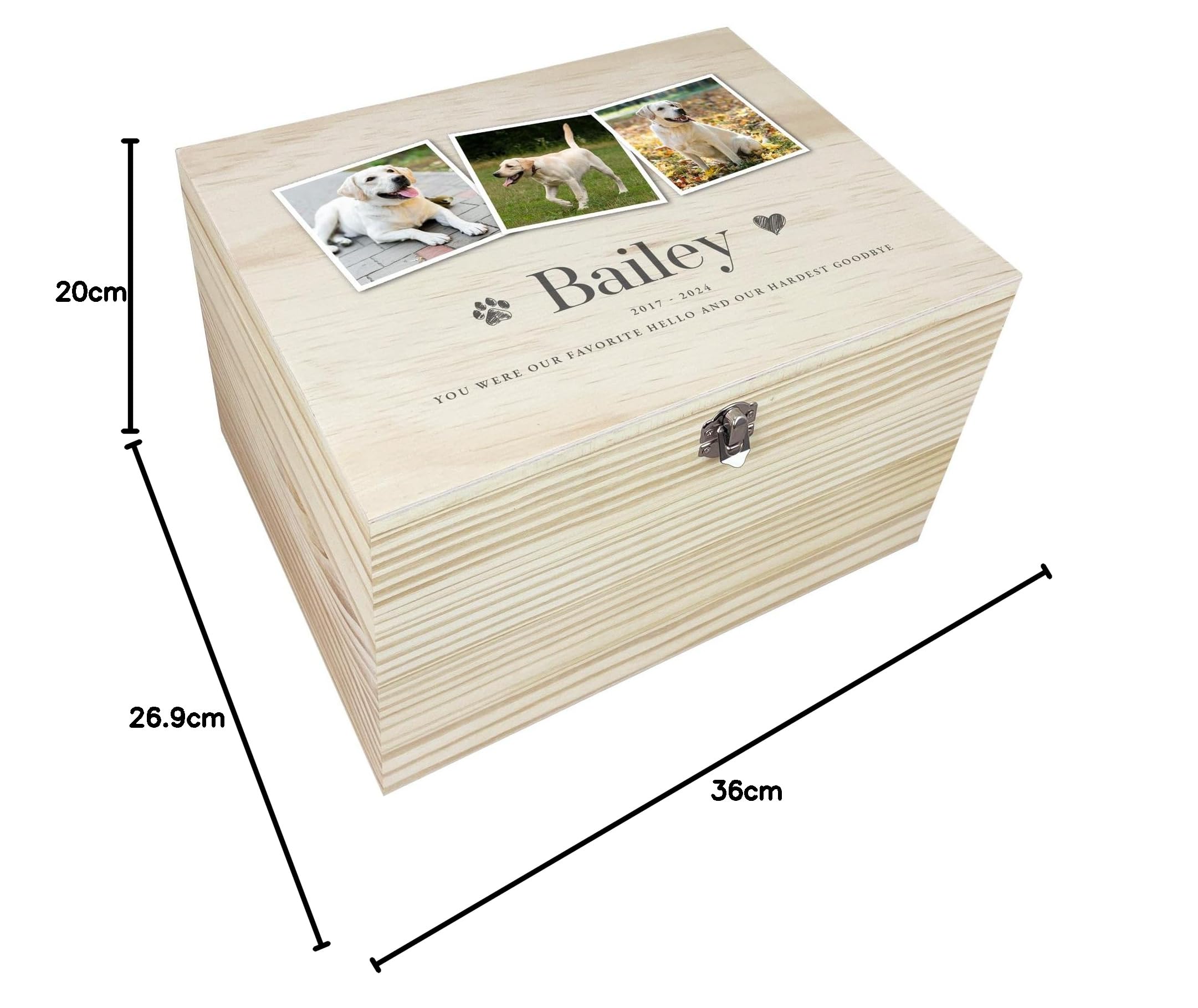 Scatola commemorativa per animali domestici, in legno, con tre foto, personalizzabile con nome, date e dedica, regalo per la commemorazione di cani o gatti, in legno di pino con cerniere e chiusura in