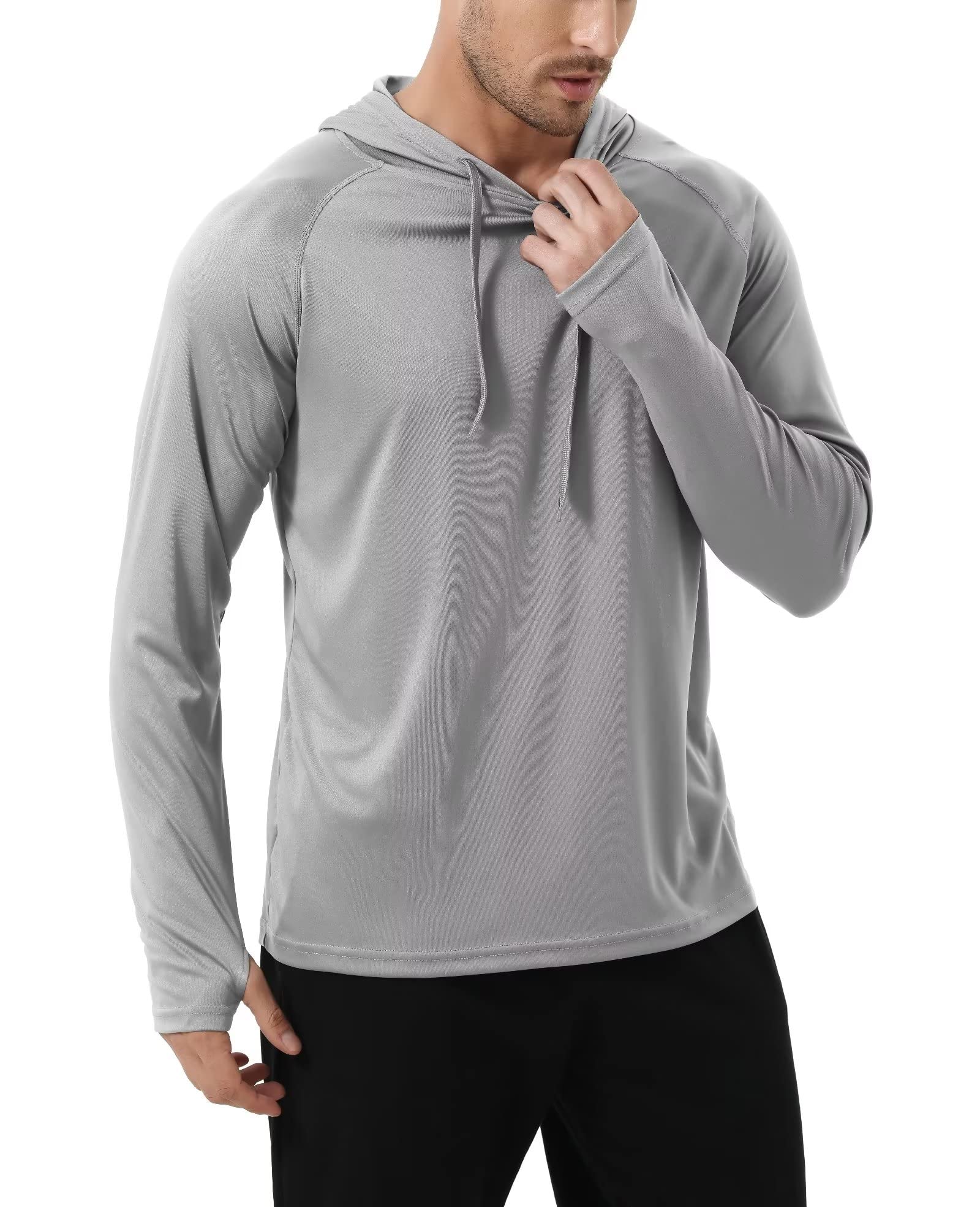 Yundobop Męska koszulka do pływania UPF 50+ Rash Guard z długim rękawem sportowe bluzy z kapturem lekka koszulka wędkarska do biegania z otworami na kciuki