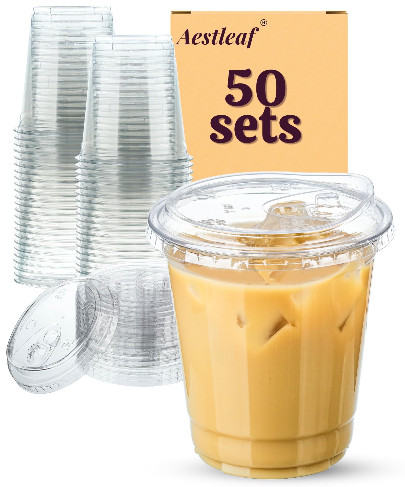 Aestleaf 12 oz Clear Plastic Cups with Lids, 50 Sets Disposable Plastic Iced Coffee Cups with Strawless Sip-Lids, To Go Coffee Cup for Smoothie,