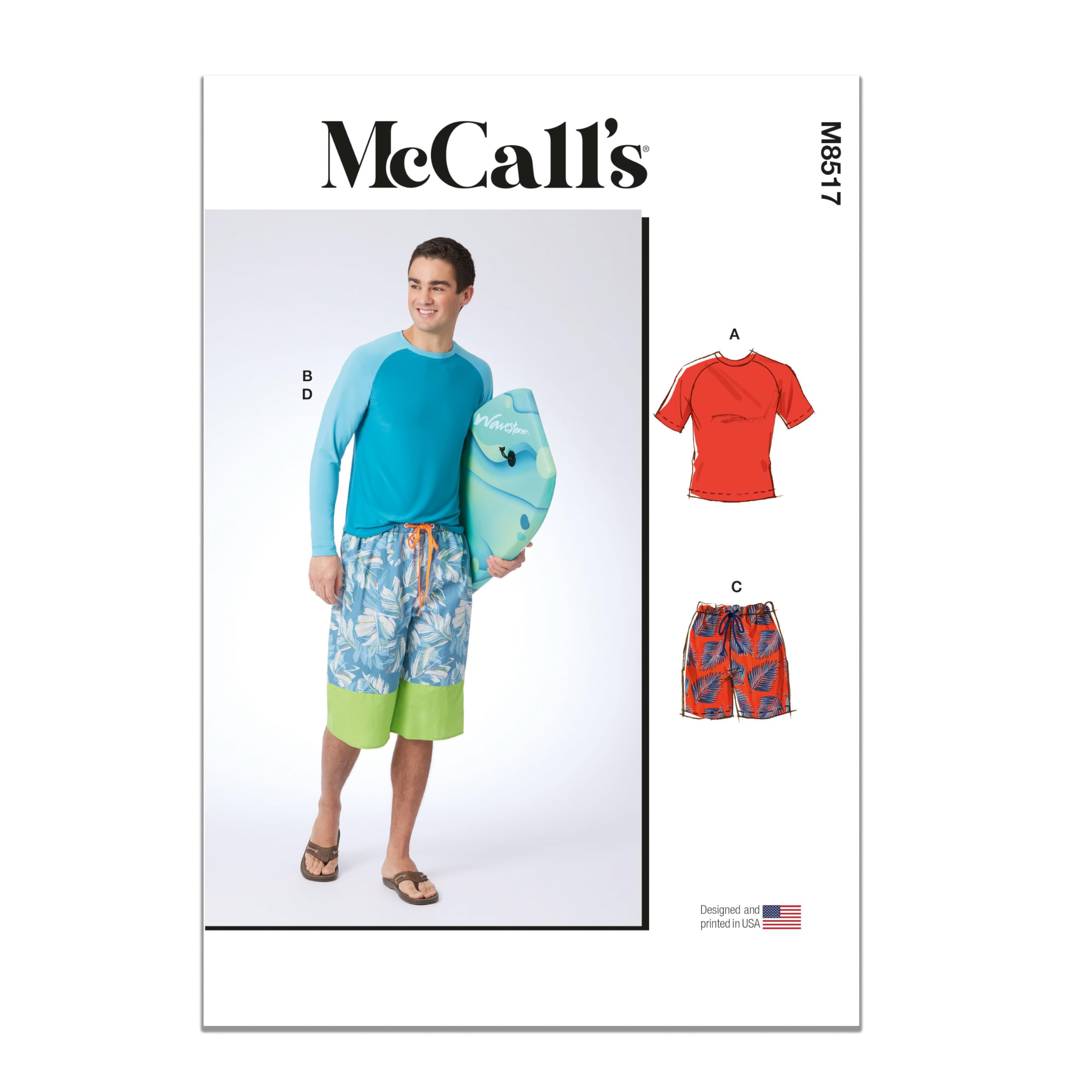 Patron de couture M8517 rashguards et shorts de bain homme tailles 34-42