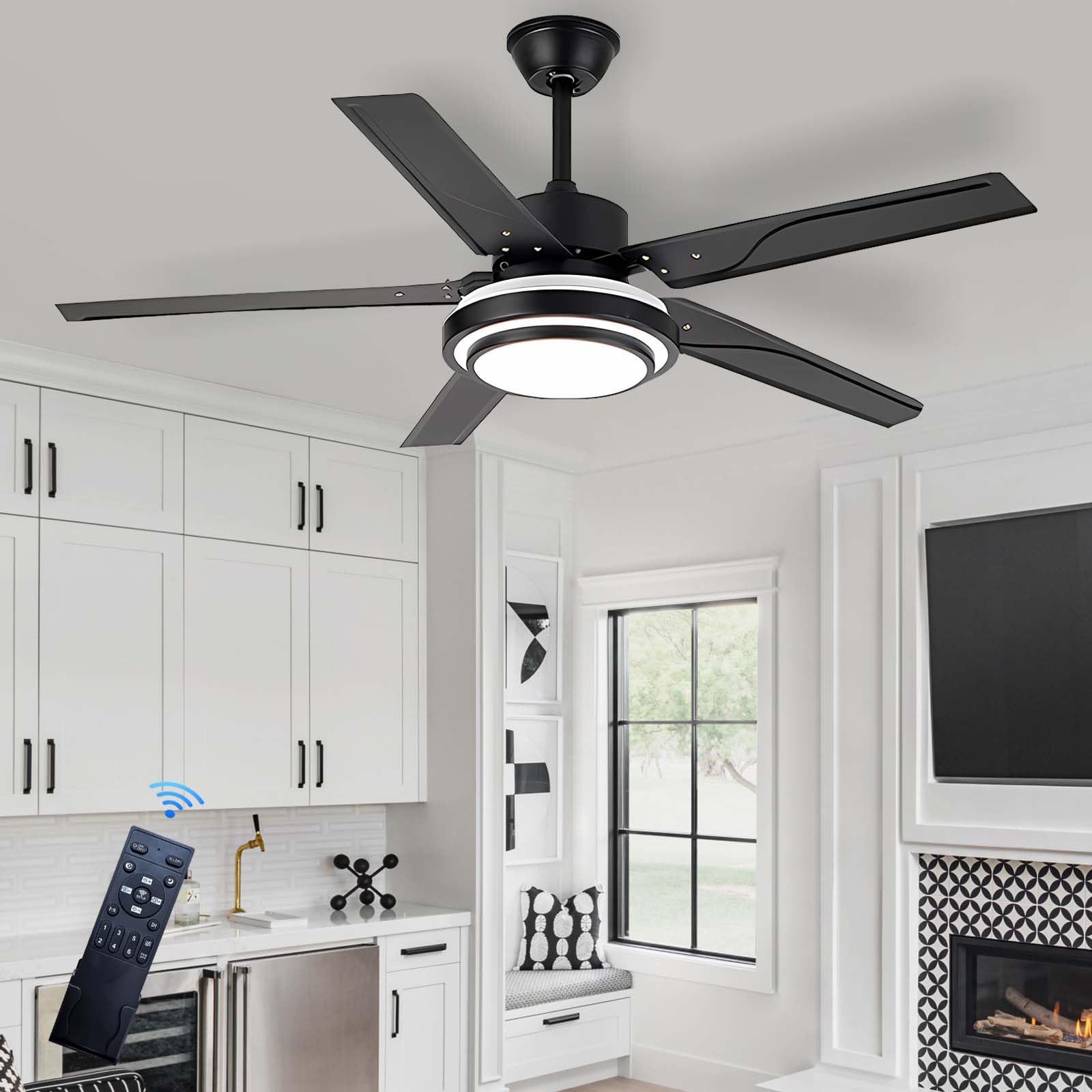 HXYSXHJUO Ceiling Fans with Lights,6 Speeds ，5 Reversible BladesDc Motor ， LED Fan Lights for Living Room Bedroom Dining Room-Black||52 inches