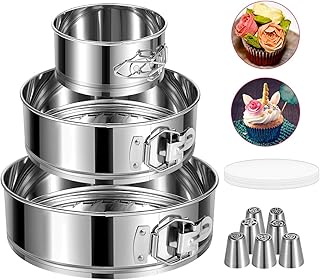 Springform Pan, Stainless Steel Springform Cake Pan, Leakproof & Nonstick Cheesecake Pan, 4" 7" 9" Round Cake Molds with 50 Pcs Paper Liners and 7 Pcs Piping Tips