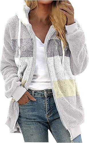 DOLKFU Womens Fuzzy Fleece Coats Color Block Patchwork Hooded Jacket Oversized Fluffy Sherpa Fur Long Sleeve Outerwear