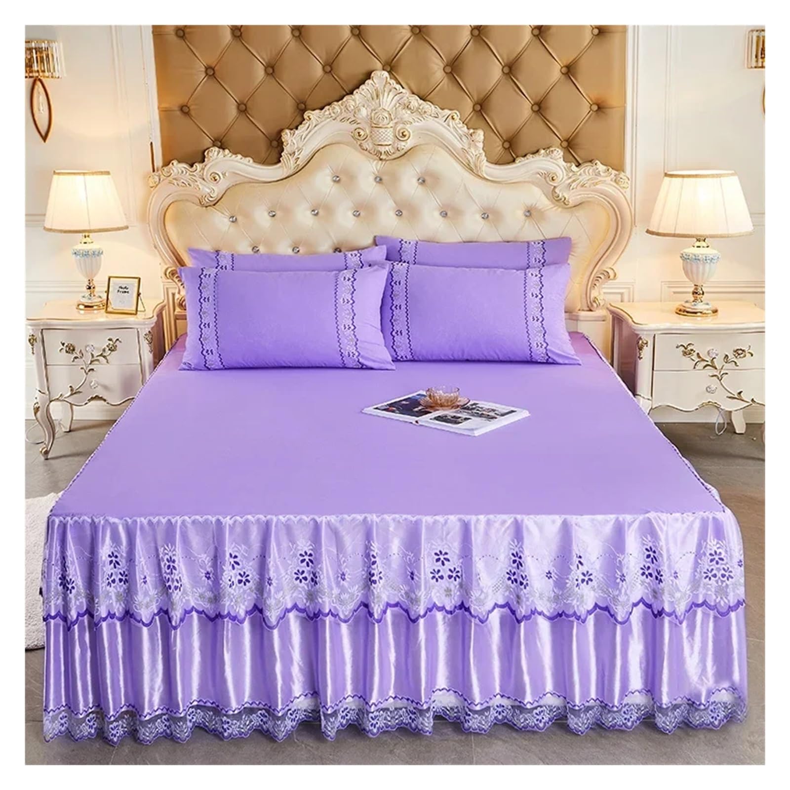 Lace Ruffled Bedroom Bed Skirt Non-slip Mattress Cover Bedspread King Size(Color 6,1PC 150x200cm)
