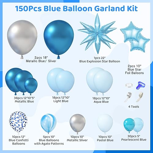 Miniatura 2 de Kit de guirnalda de arco de globos azules de 150 piezas, decoraciones de baby shower, globos pastel claro azul bebé globos 4D estrella confeti globo