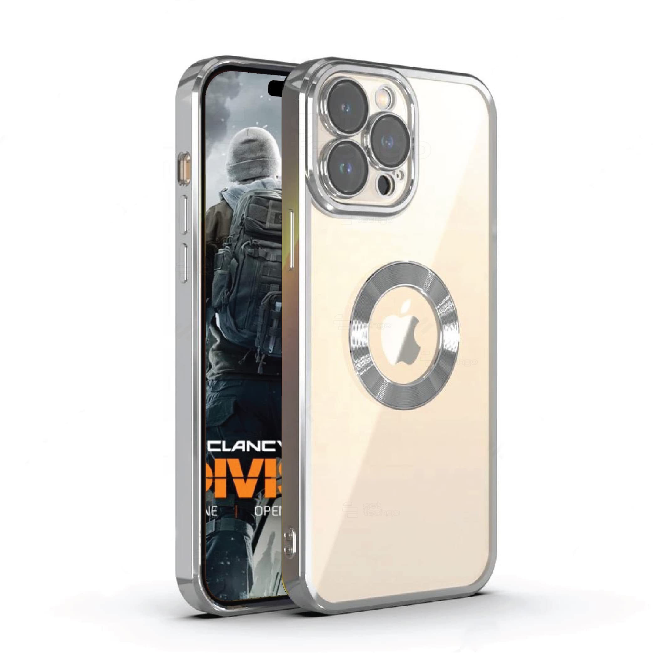 GetTechGoElectroplated Logo View Back Case Cover Compatible for iPhone 13 Pro Max| Slim Shockproof | Super Soft TPU | Raised Edges | Anti-Shock | Anti-Yellow (Silver)