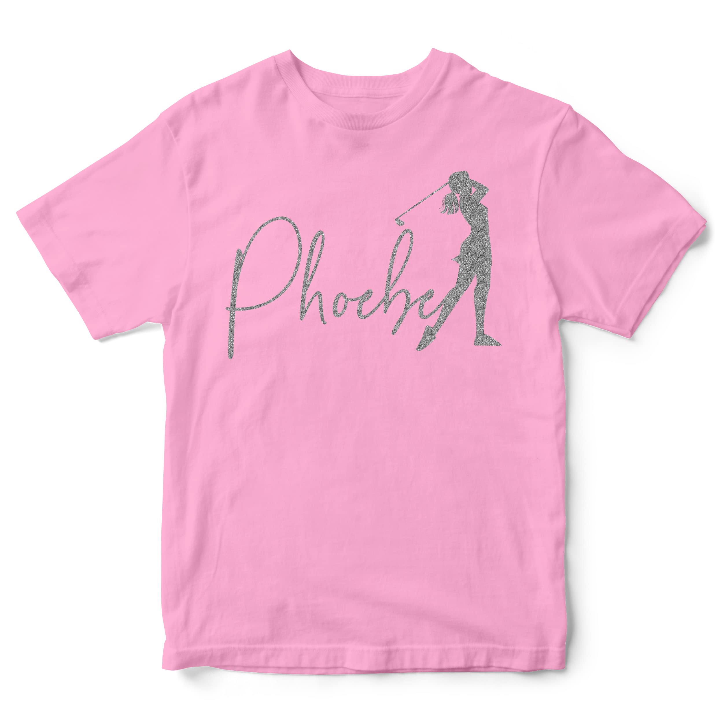 Silver Glitter Personalised Girls Golf T Shirt, Custom Golf Player Gifts Girls Tshirt, Christmas and Birthday Gifts for Daughter who Plays Golf