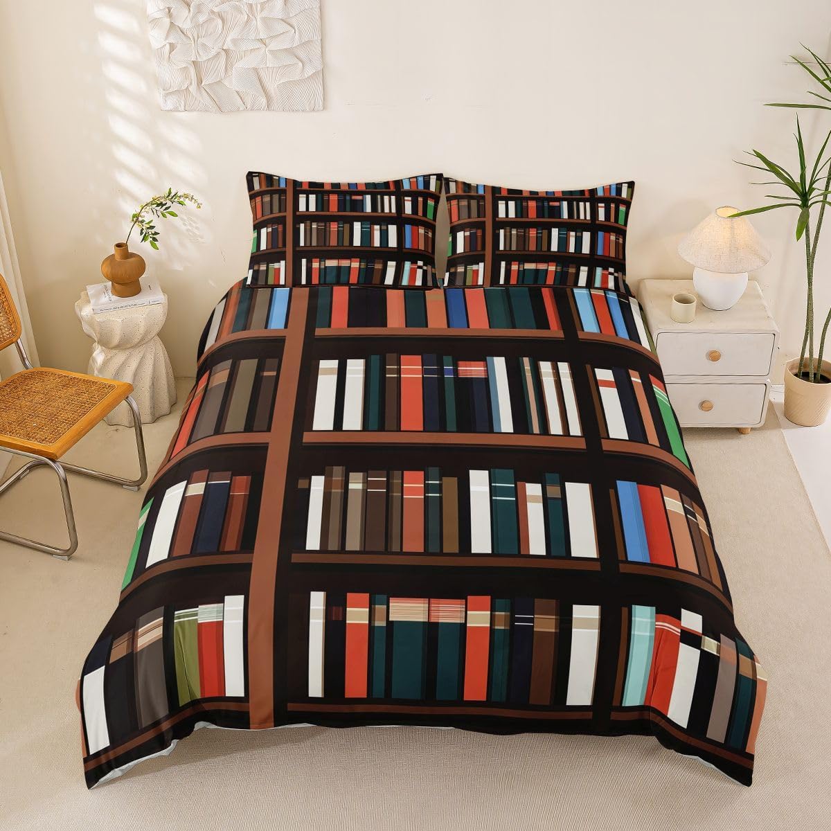 Castle Fairy Vintage Library Duvet Cover Queen Size,Geometric Bookcase Bedding Sets 3Pcs Kids Girls Boys Women Room Decor,Retro Bookshelf Comforter Cover, Magical Library No Comforter,2 Pillowcases