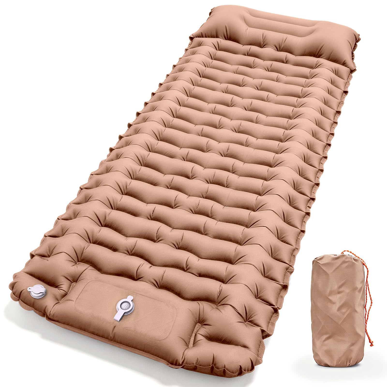 Camping Sleeping Pad with Built-in Foot Pump, Extra Thick Inflatable Camping Mattress for 2 or Couples, Ultralight Sleeping Mat with Pillows, Compact Air Bed for Camping&Tent (Tangerine pink, Single)