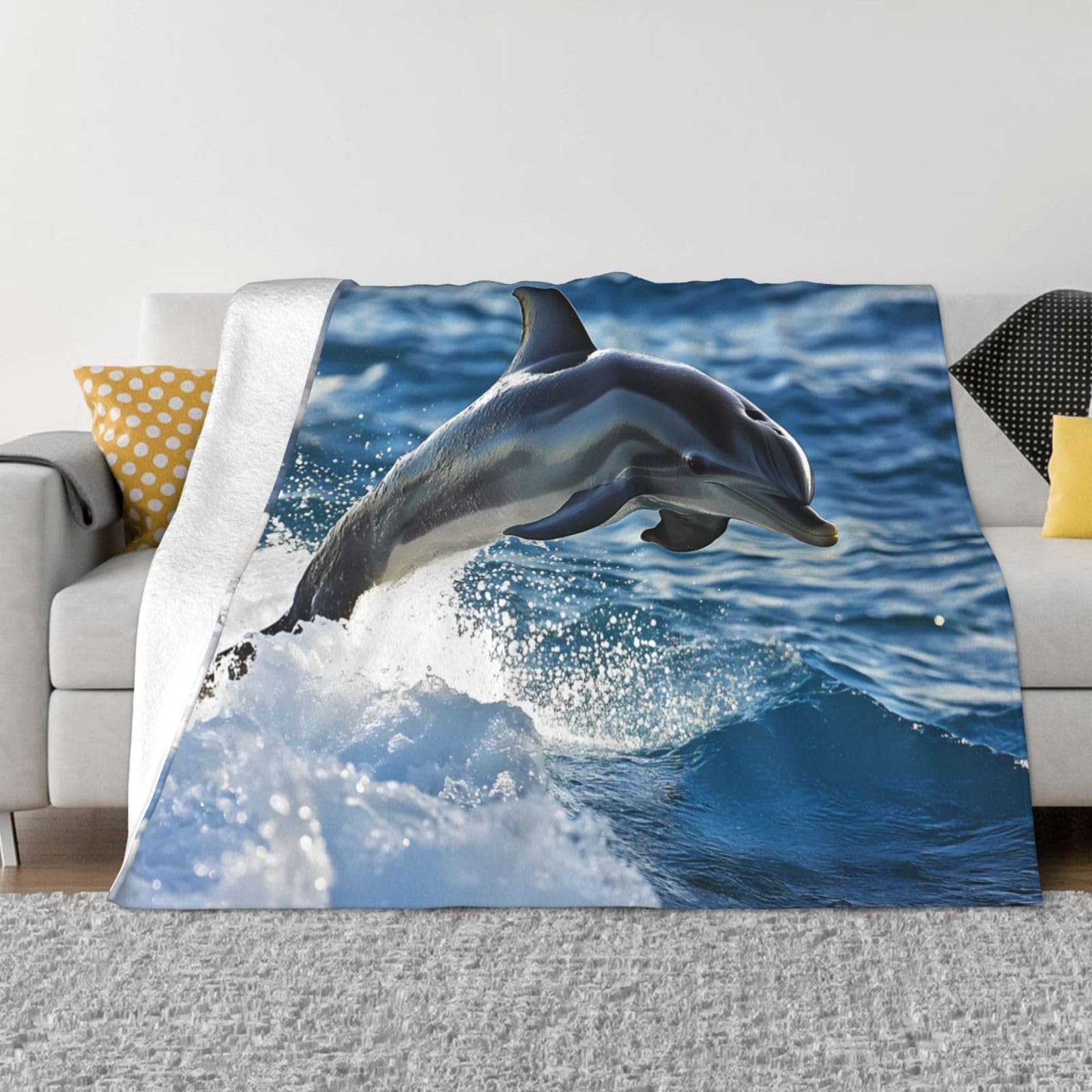 Couverture de canapé flanelle grand plaid lit chaud motif dauphins énergiques