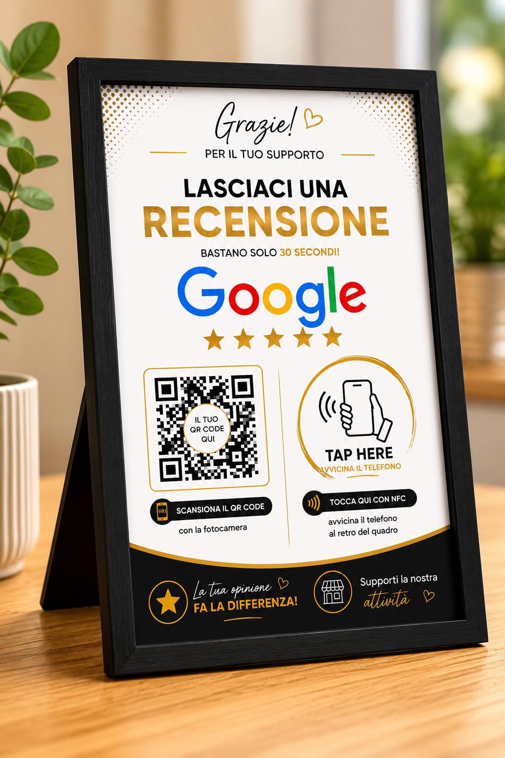Targa Recensioni Google NFC + QR Code Personalizzata con Cornice 13x18cm | Google Review Stand per Bar Ristoranti Pizzerie Hotel Negozi | Accesso Diretto alle Recensioni