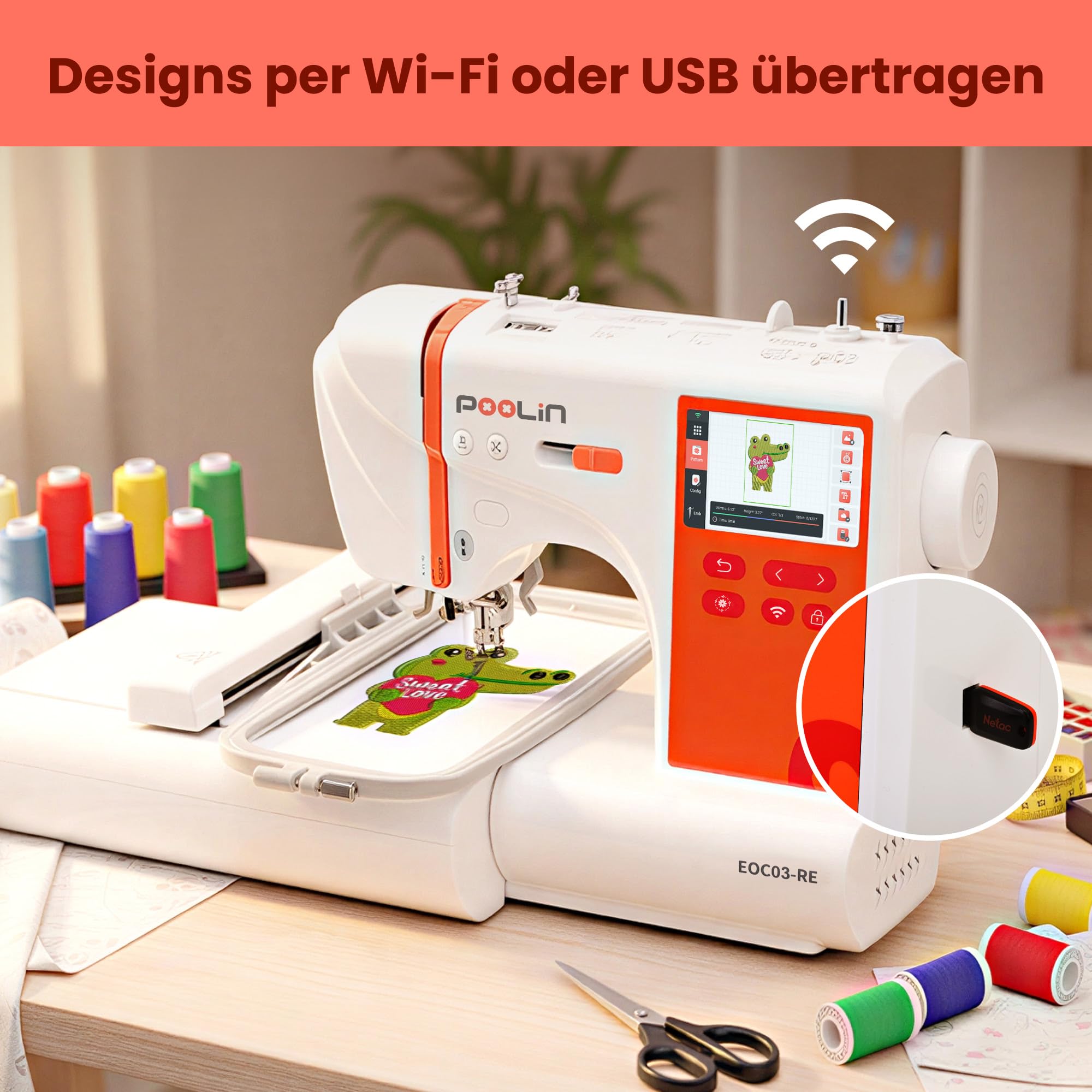 PooLin EOC03 Stickmaschine – Elektronisches Stickgerät – 4,3″ LCD-Touchscreen, Stickrahmen 10×10 cm und 10×23,5 cm, Musterimport per USB/WLAN, ideal für Anfänger und Fortgeschrittene.