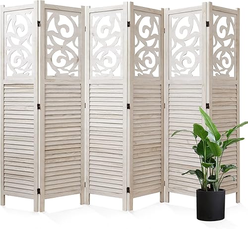 Miniatura 8 de Divisor de habitación de madera tallada para interiores, plegable, portátil, para hogar, oficina, jardín, terraza, 6 paneles, 67 x 90 pulgadas