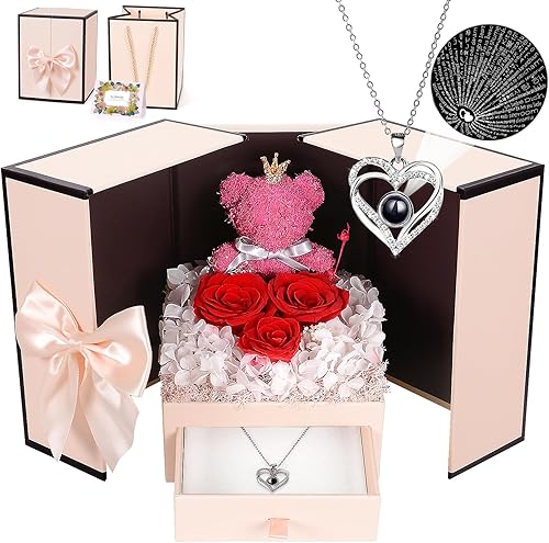Miniatura 1 de digi marker Regalos para el día de San Valentín para ella, oso musgo rosa preservada con 100 collares "I Love You", regalos para mujeres, mamá,