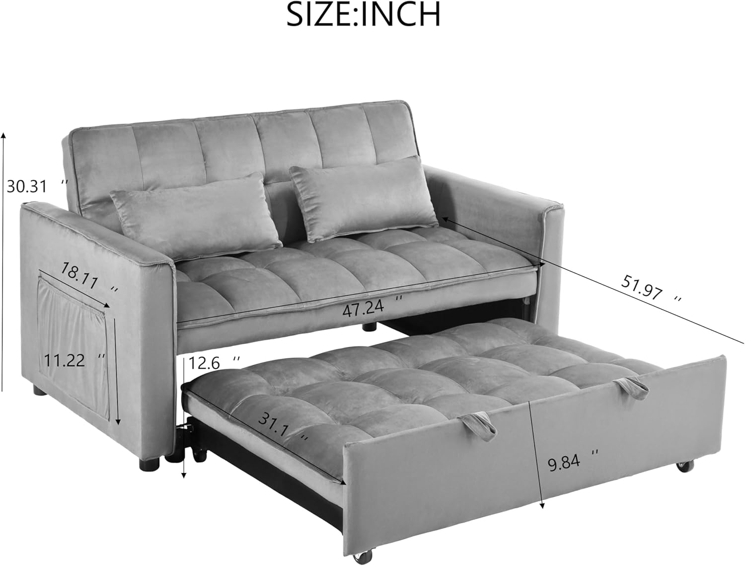 Ball & Cast Reversible Sleeper Sofa Bed,Convertible Pull Out Couch with 2 Lumbar Pillows and Side Pockets,3 in 1 Upholstered Sleeper Couch,Living Room Furniture for Apartment,Office,Light Gray