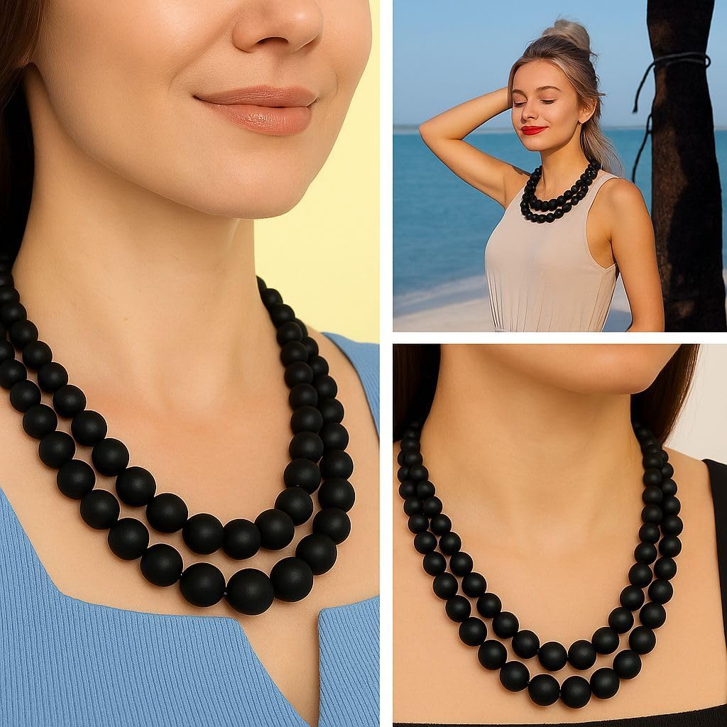 Wood Mix Stainless Steel Double Row Beaded Necklace for Women Jewelry Size 18" - Shiny Durable Beads Statement Engagement Necklaces Her - Wedding Anniversary Birthday Christmas Gifts for Women