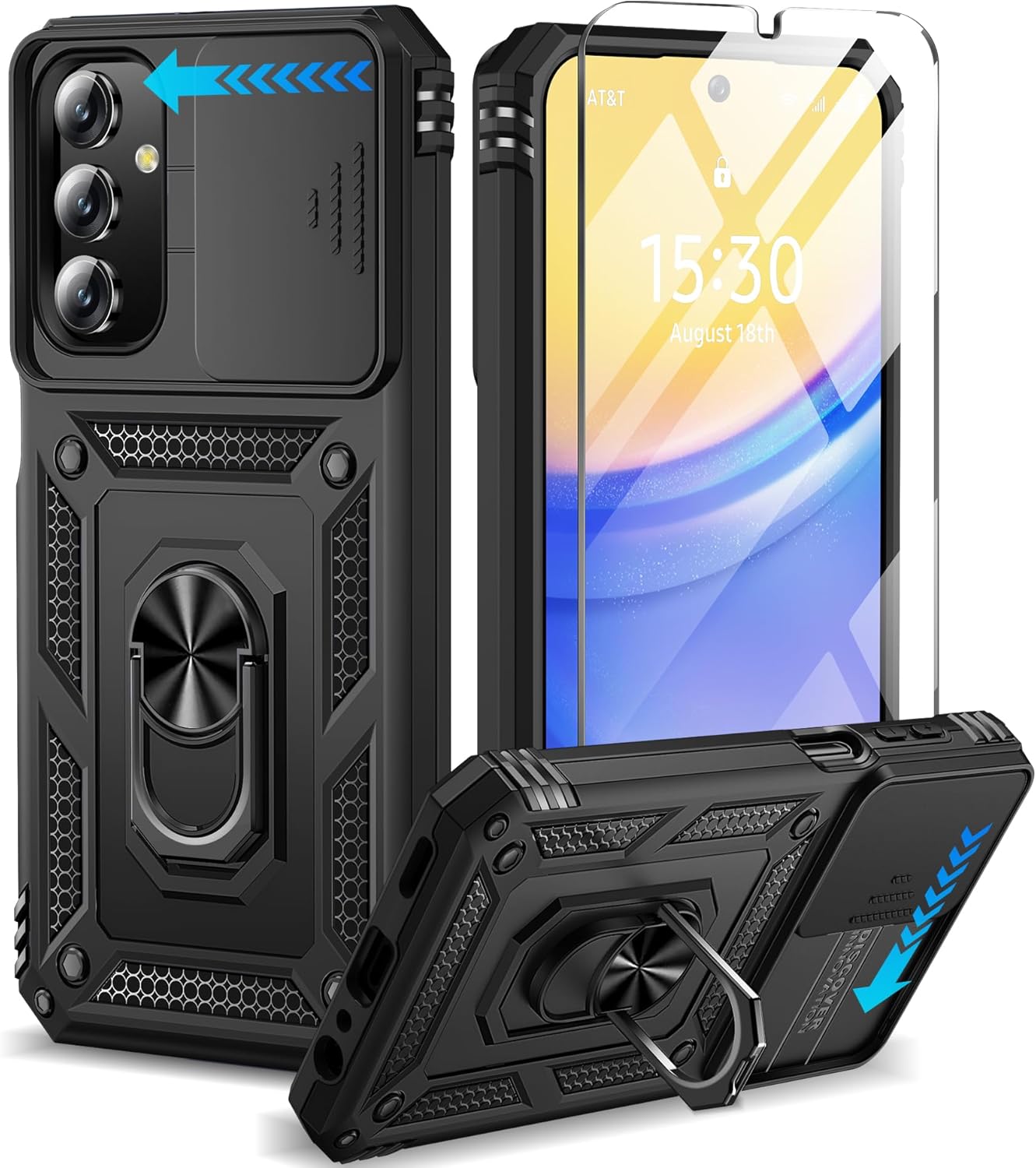 BaHaHoues for Samsung Galaxy A15 5G Case with Screen Protector & Slide Camera Lens Cover,Built-in 360°Rotate Magnetic Ring Stand Shockproof Protective Phone Case for Samsung A15 5G Case (Black)