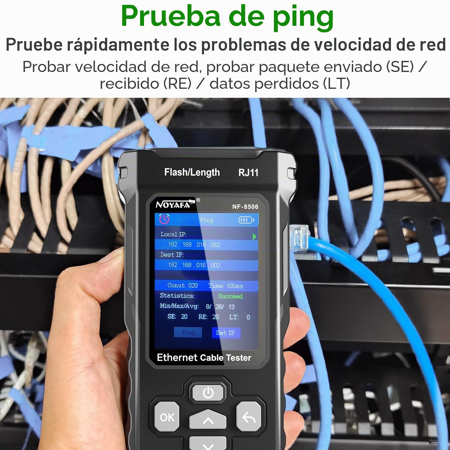 NOYAFA Probador de Red con Escaneo IP, Probador de Cable de Red con TDR | Prueba de PING y Velocidad de Puerto, Comprobador RJ11/RJ45, Analizador de Cable Ethernet para Cat5/Cat6, Prueba PoE, NF-8506