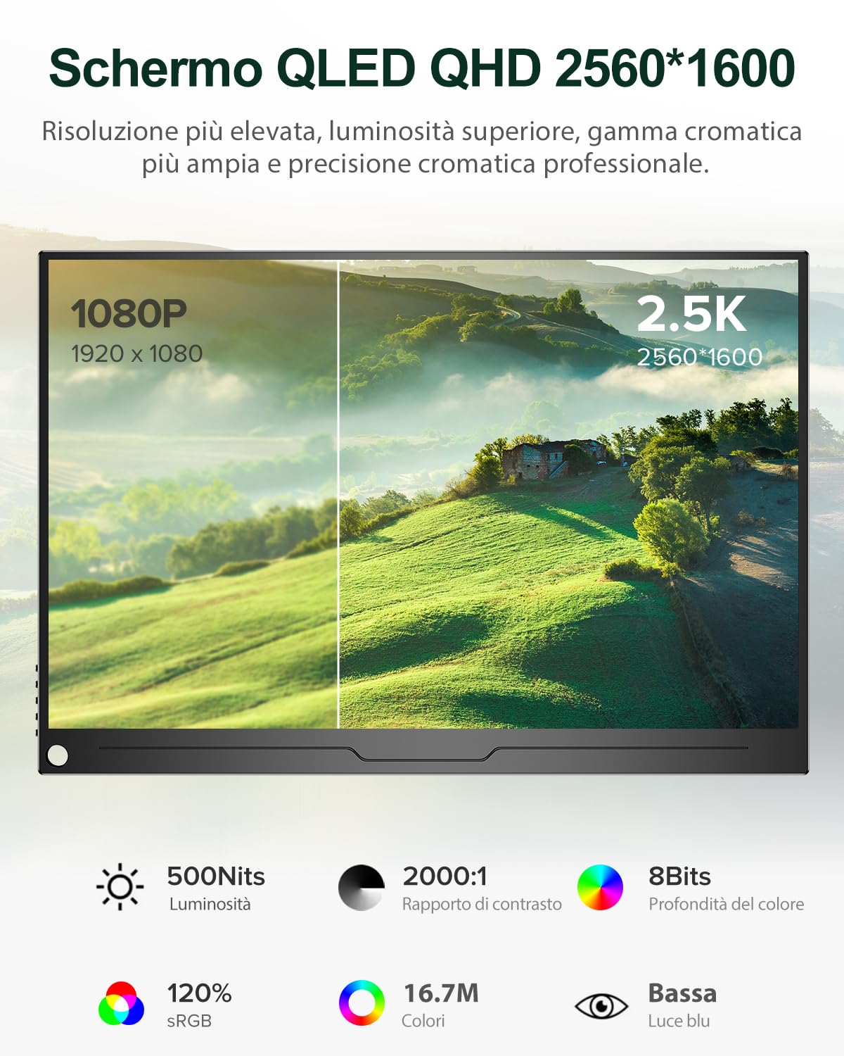 UPERFECT 16" 2.5K QLED Monitor Portatile 2000:1 500 Nit 2560x1600