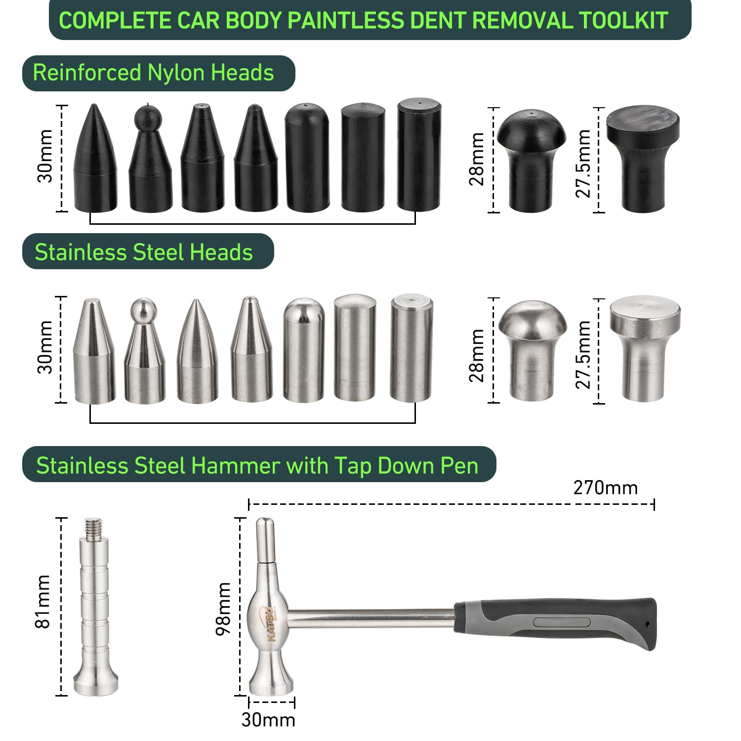KATSU Tools 20-Piece Car Body Panel Dent Repair Tool Set, Stainless Steel Hammer with Tap Down Pen & Heads - Image 4
