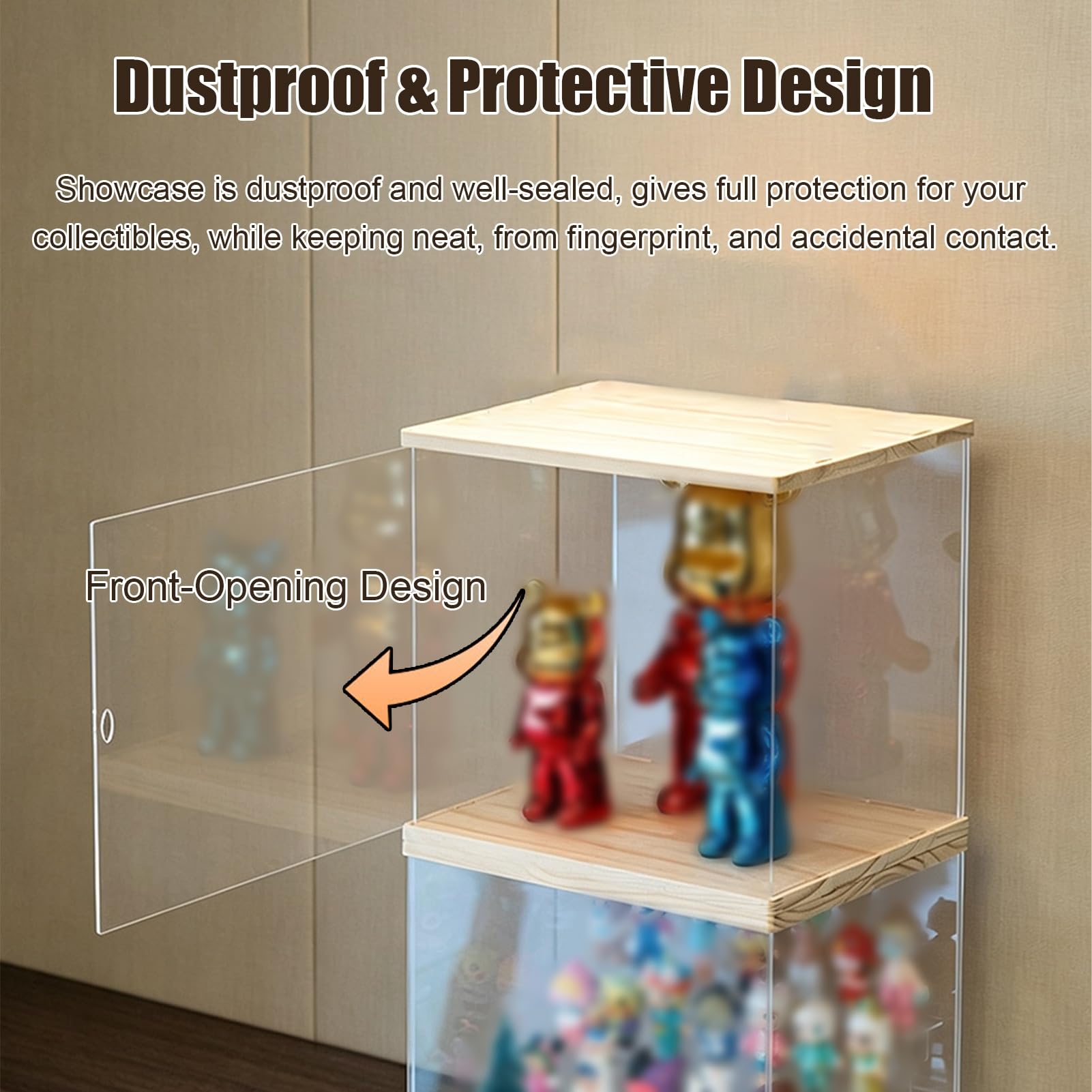Teca Plexiglass Vetrina Espositiva Multistrato in Acrilico con Supporto | Vetrina con Ripiani Rimovibili e Frontale Aperto, Lunga 50 cm, con Base e Coperchio in Legno, Ideale(3 Tier-50x16.5xH25cm)