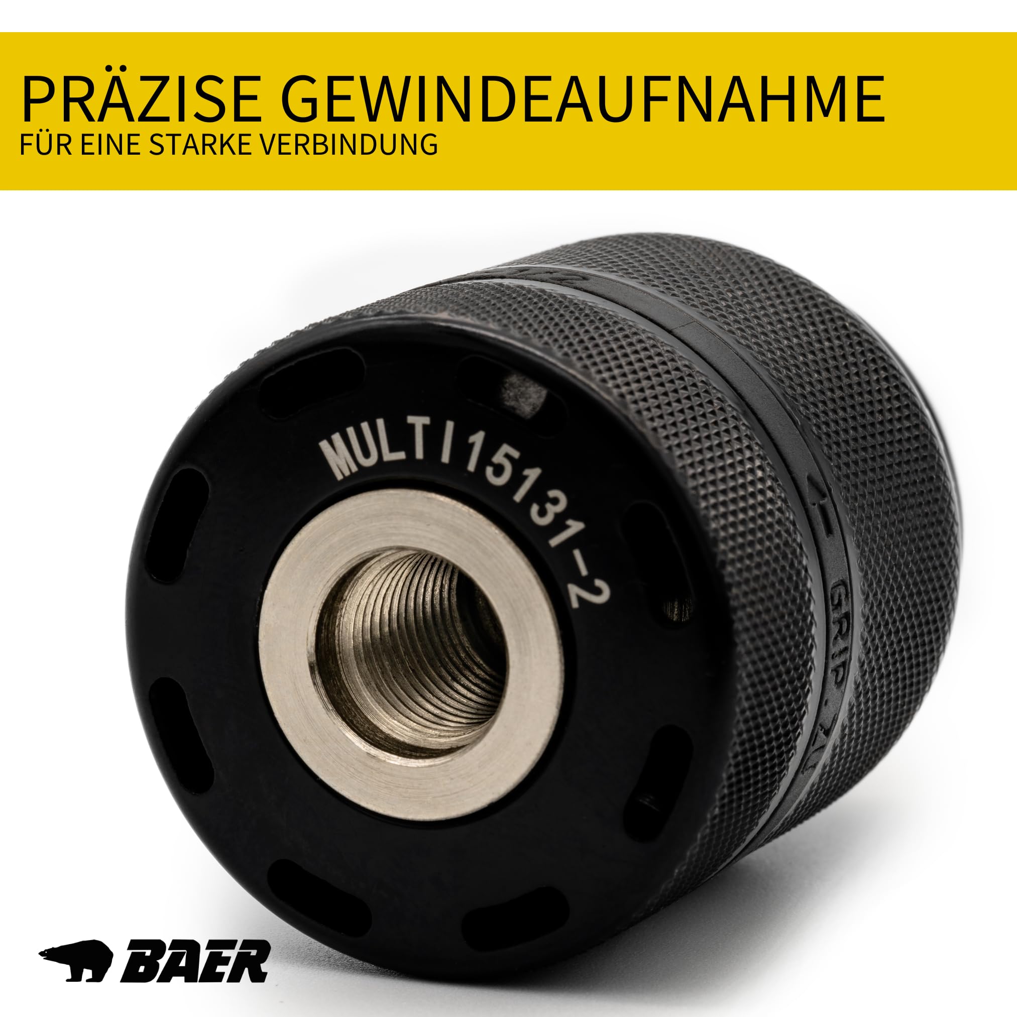 BAER Schnellspannbohrfutter 1,5–13 mm | 1/2-20 UNF | Schlüsselloses Ganzmetall Bohrfutter für Handbohrmaschine, Akku-Bohrmaschine & Bohrhammer | Selbstspannendes Präzisions-Spannfutter BaerCoil