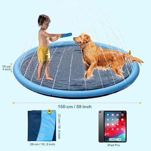 Vista 7 de Almohadilla de aspersor para perros Bañera de piscina de mascotas de 59 pulgadas de grosor, juego de verano para mascotas y juguetes acuáticos