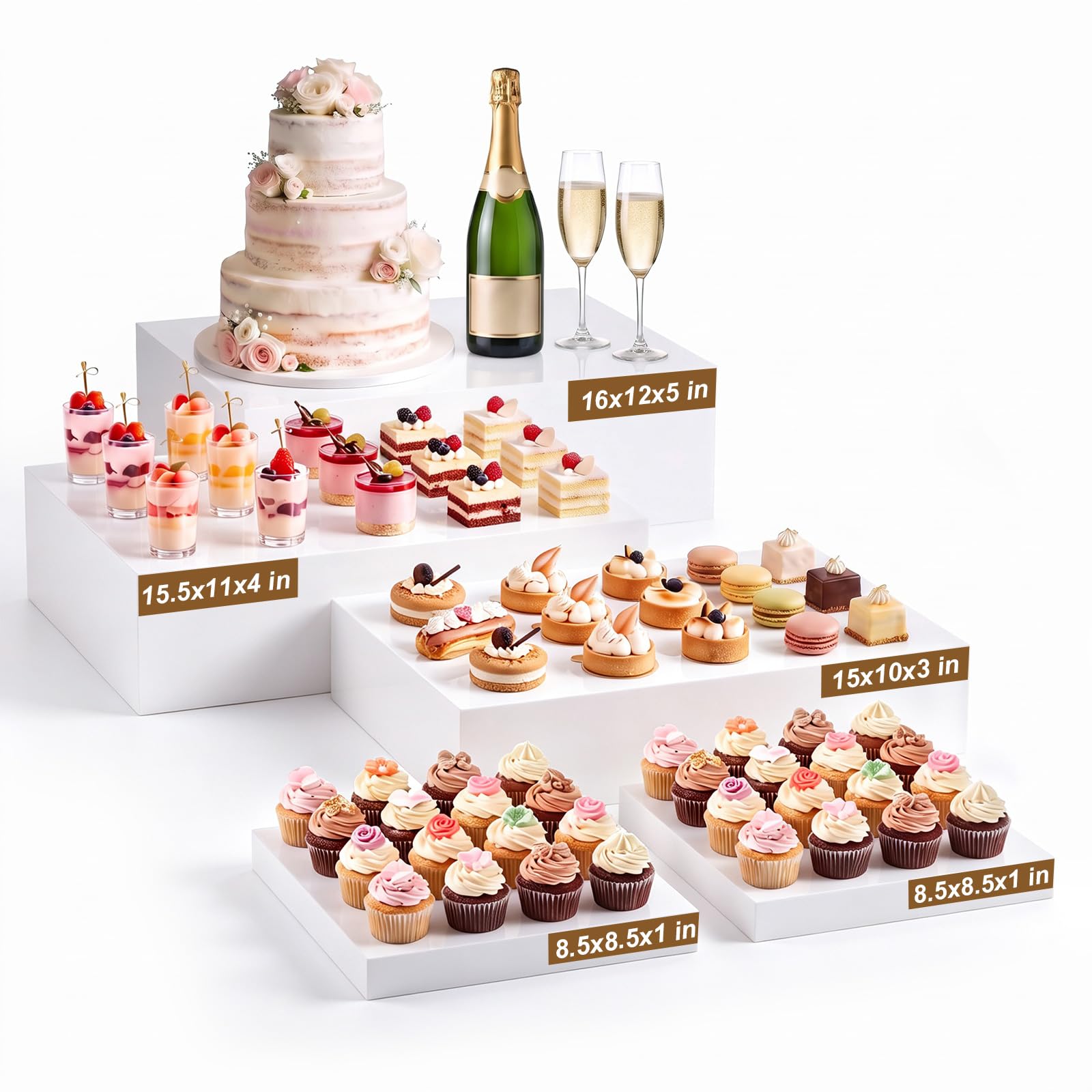 Leinuosen 5 Pcs Extra Large Buffet Risers Set Rectangle Acrylic Display Box Catering Dessert Table Riser Food Display Decorative Stand with Hollow Bottom for Catering(White)