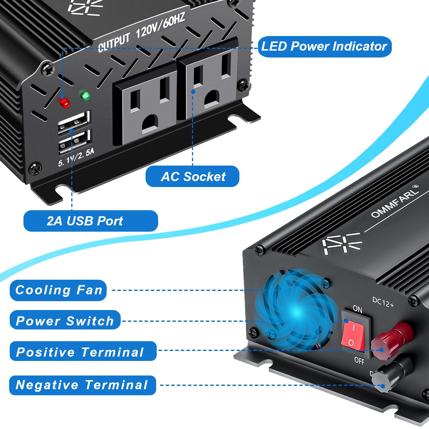 750 W DC 12 V do 110 V AC adapter samochodowy z ładowarką USB 2 A i 2 wyjściami prądu przemiennego