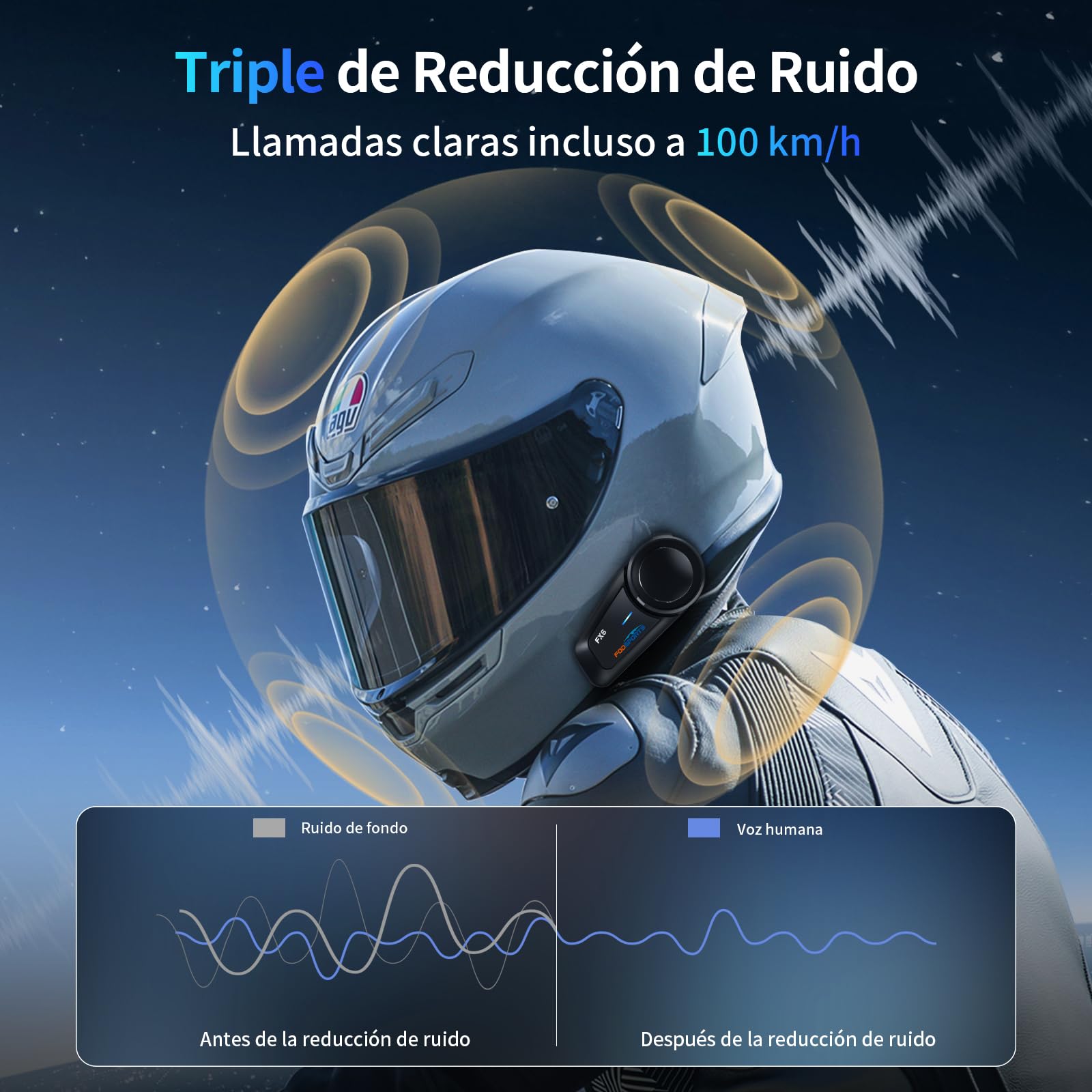 Fodsports FX6 Intercomunicador Casco Moto Bluetooth, Sistema Intercomunicador 6 Motoristas, Manos Libres Moto con Emparejamiento Universal, Auriculares Bluetooth para Motocicleta/ATV