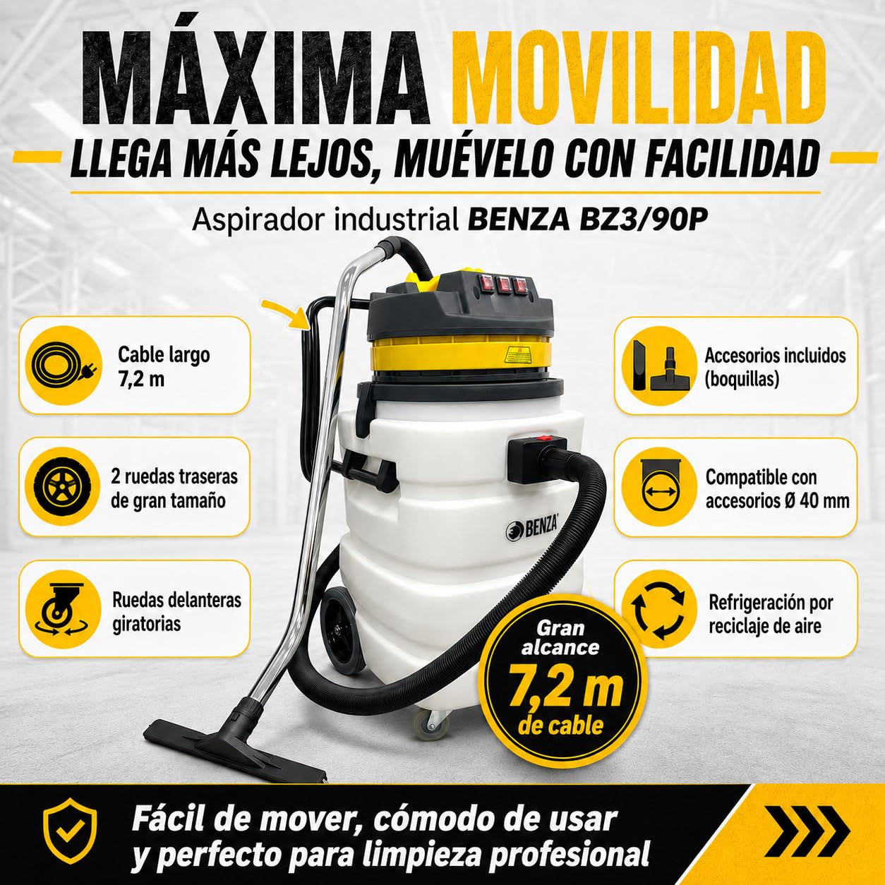 BENZA Aspirador Industrial Húmedo y Seco BZ3/90P, 3600 W, Depósito de 90 l, Presión de Succión 2000 mm H₂O
