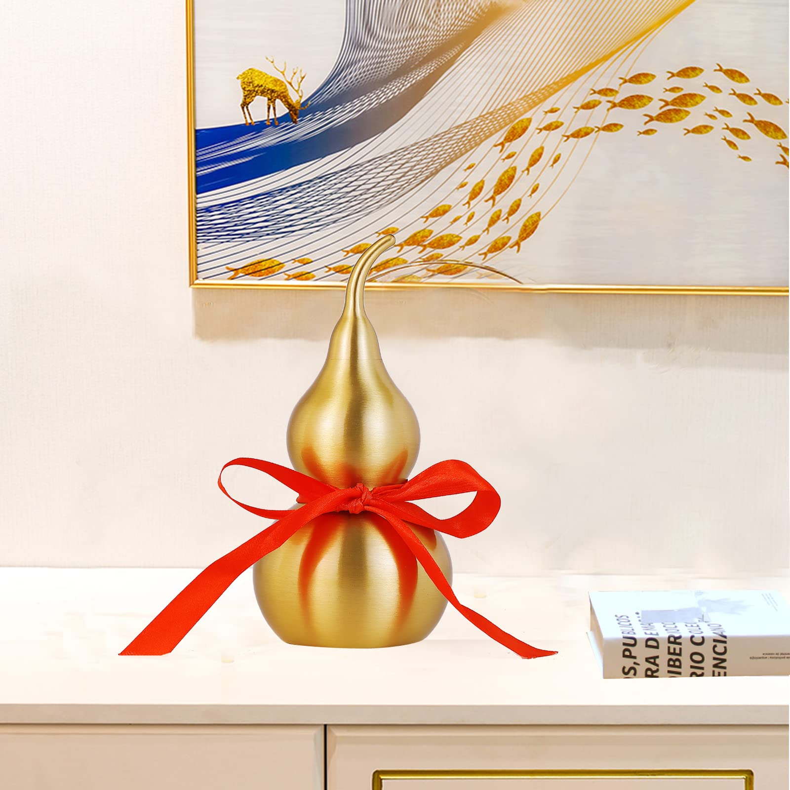 Zucca Portafortuna Feng Shui Wu Lou In Ottone Con Nastro Rosso, Altezza 12,7 Cm, Decorazione Casa E Ufficio - 3