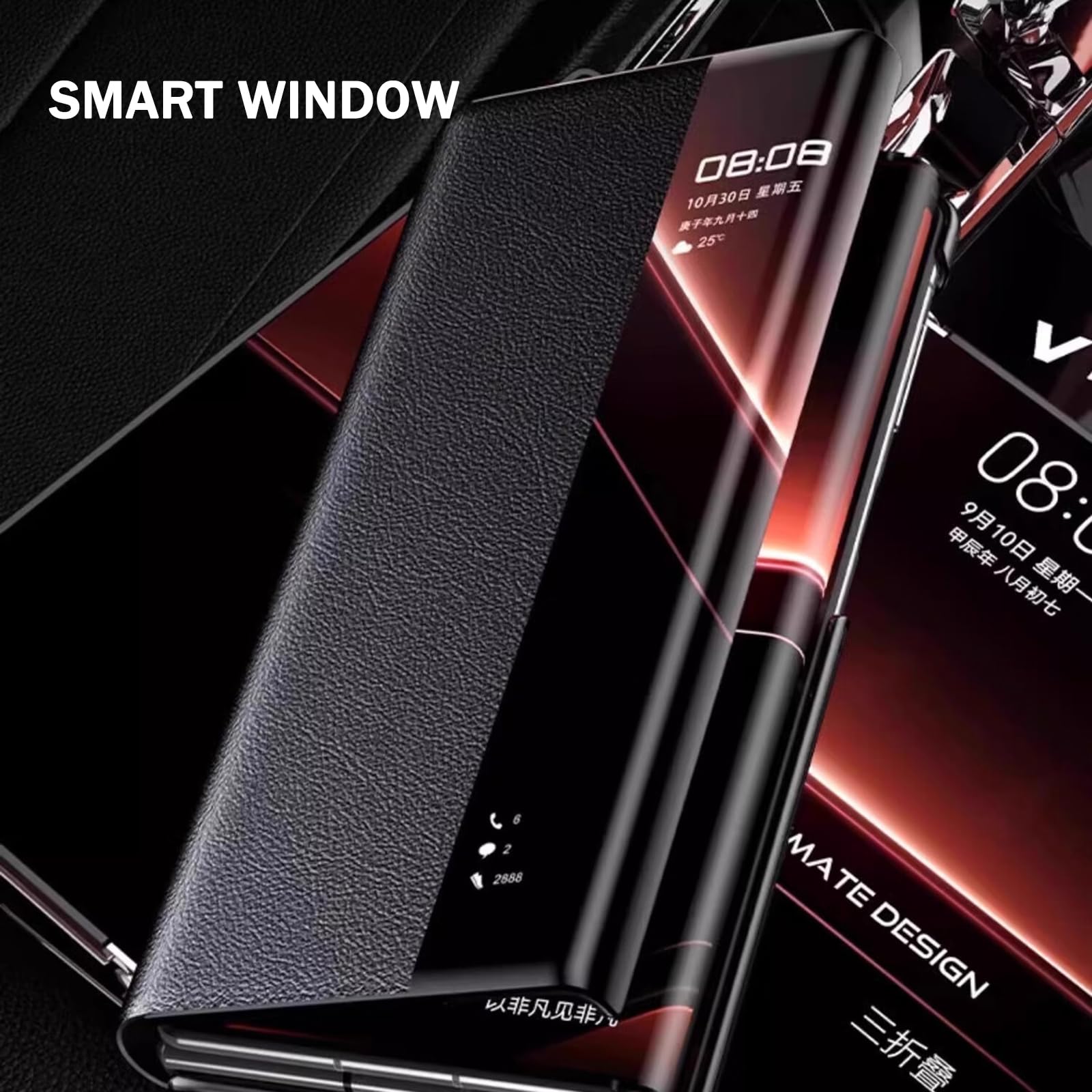 Pokrowiec na Huawei Mate XT, magnetyczne zamknięcie otwierane etui z prawdziwej skóry z funkcją inteligentnego widoku okna luksusowa biznesowa podpórka Shell, czarny, Mate XT