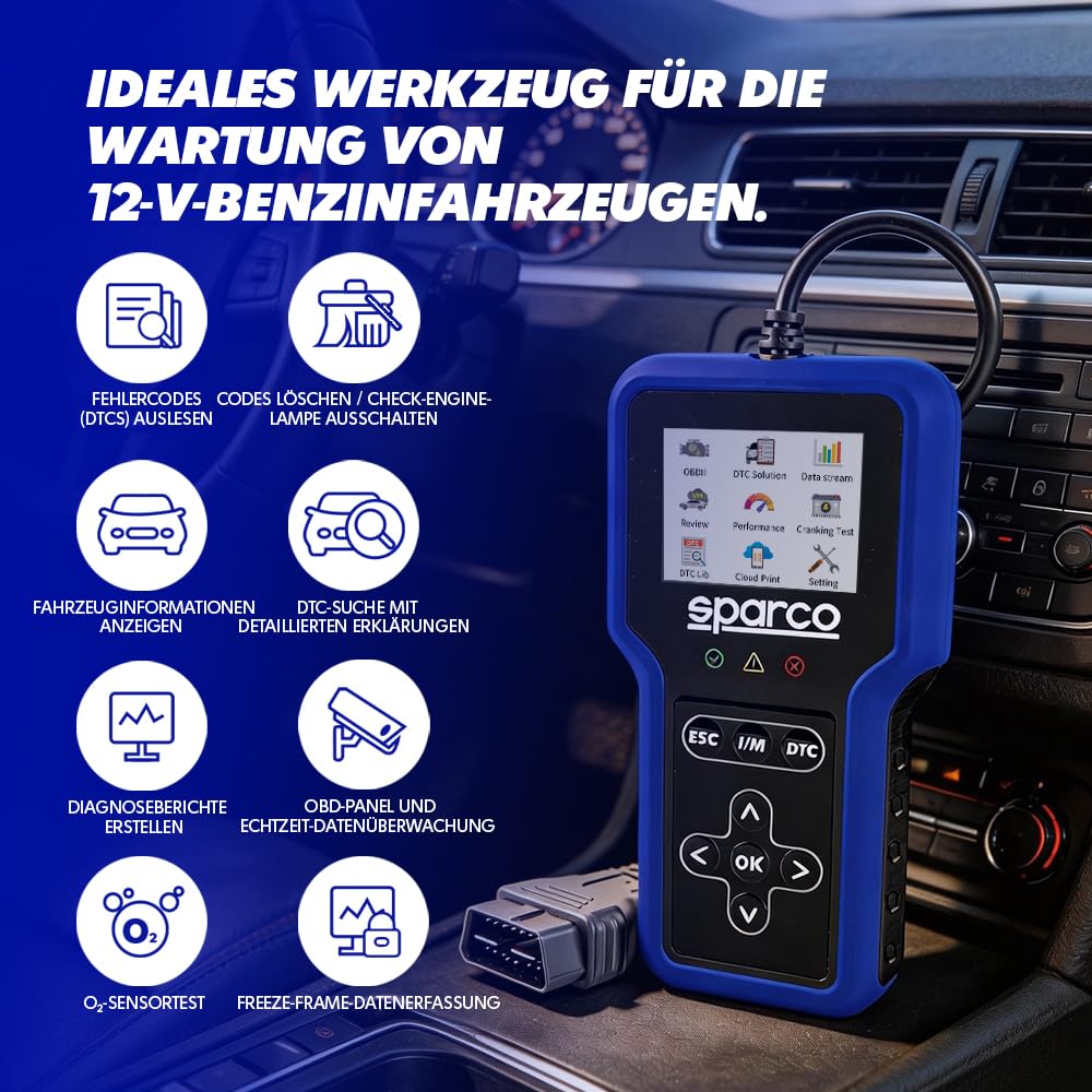 Sparco OBD2-Diagnosegerät für Fahrzeuge, Scanner, Fehlercode-Lesegerät für Motor und Getriebe mit Batterietest und I/M-Emissionsbereitschaft, mehrsprachig, für Benzinfahrzeuge