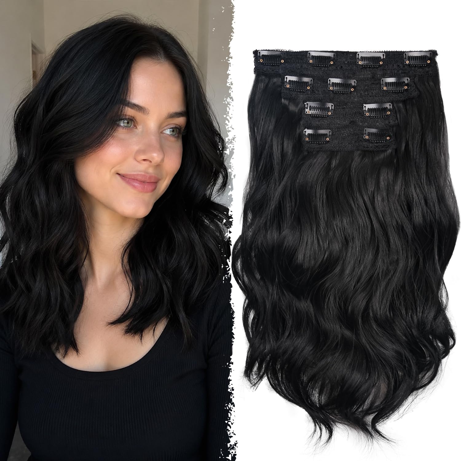 Photo 1 of 14 Inch Black Hair Extensions - Wavy Synthetic Clip in Hair Extensions For Women And Girls (Color: Black)