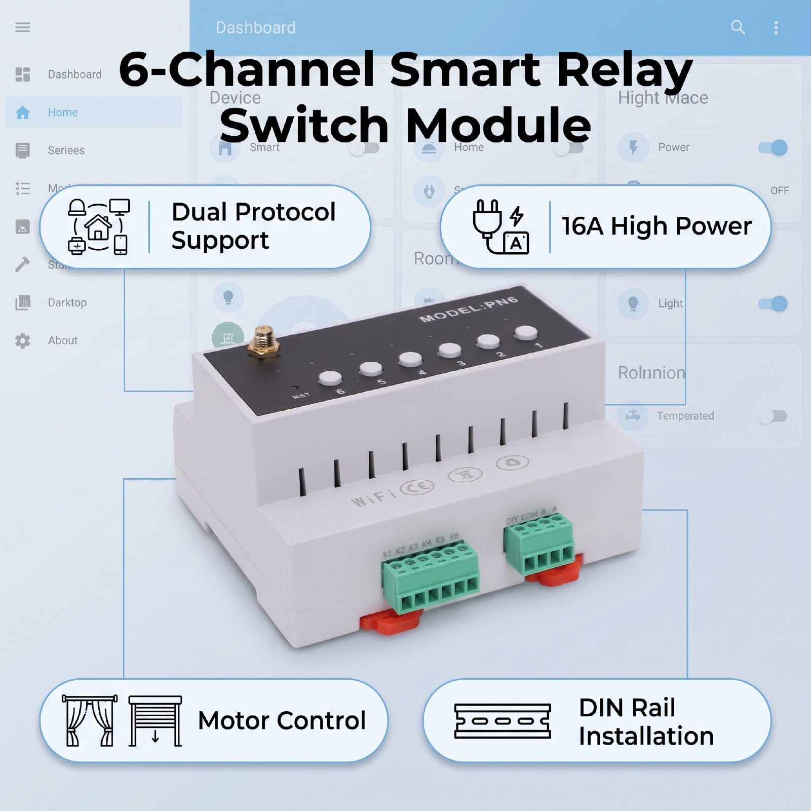 Modulo relè Intelligente a 6, Controllo Motore 3 Avanti Indietro, 16A Alta Potenza per Automazione Domestica Compatibile (WIFI)