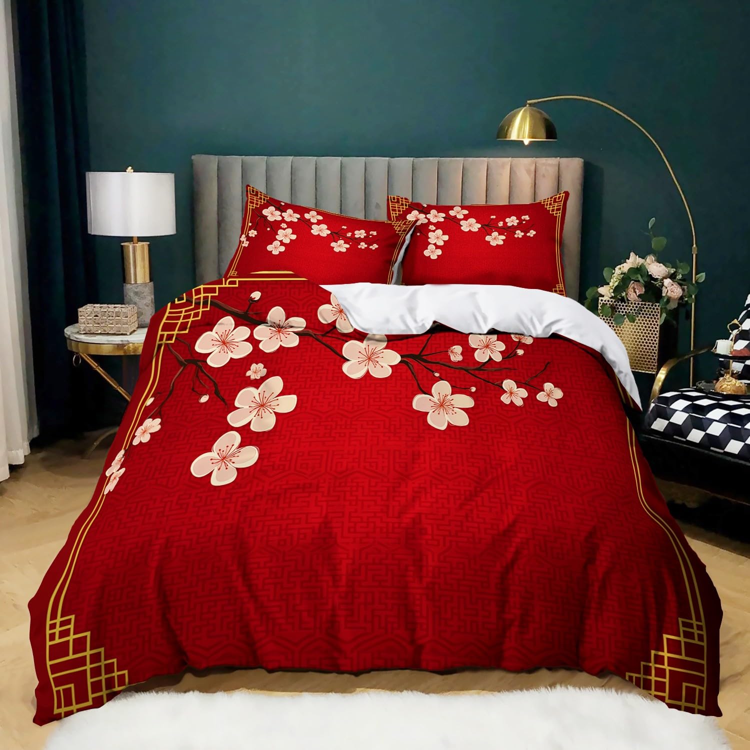Funda nórdica 150 x 200 cm Rojo, Juego de Ropa de Cama para Flor De Cerezo Japonés 3 Piezas, Incluye 1 Funda nórdica y 2 Fundas de Almohada 50 x 75 cm