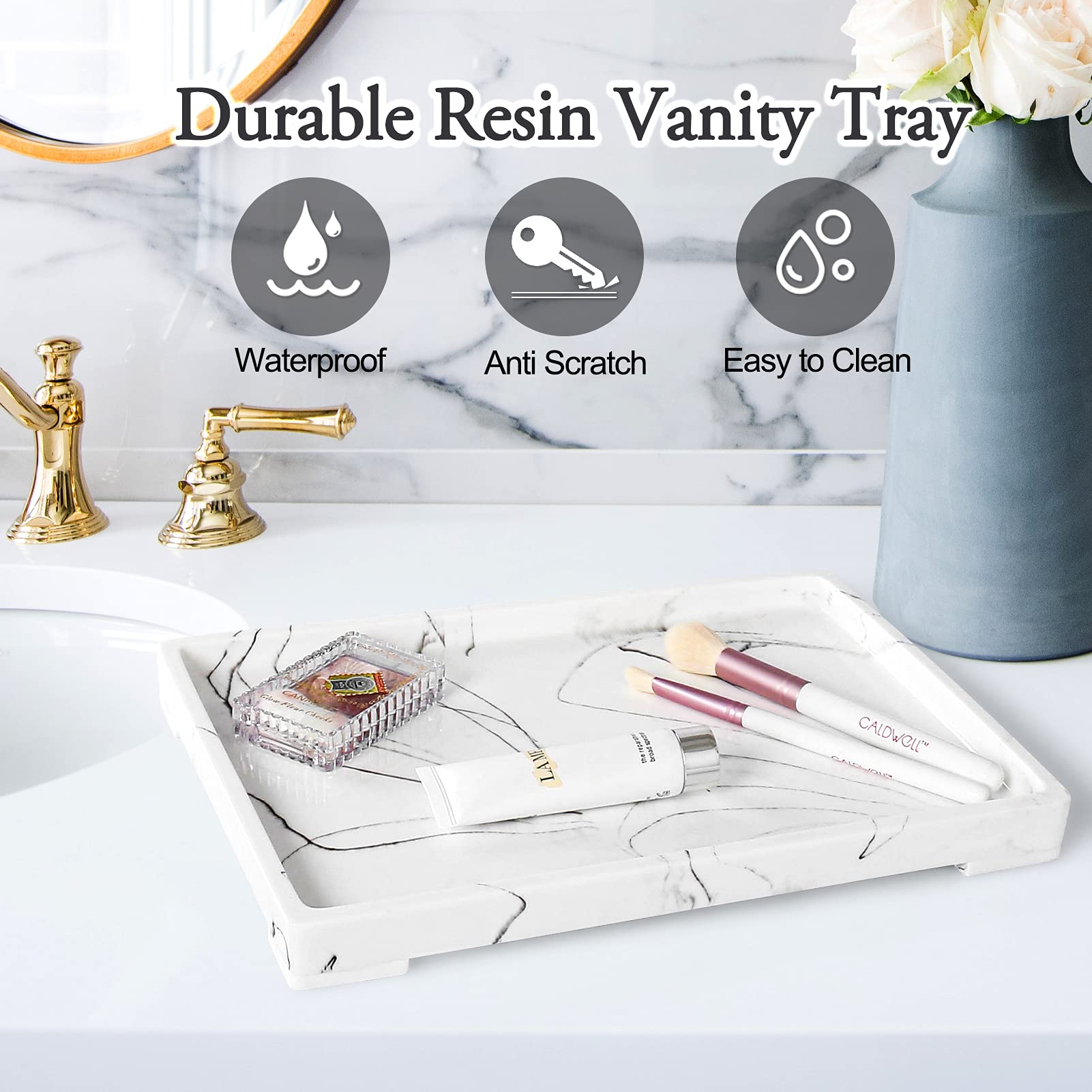 Haturi Bathroom Vanity Tray, Marble Look Jewelry Organizer Resin Tray