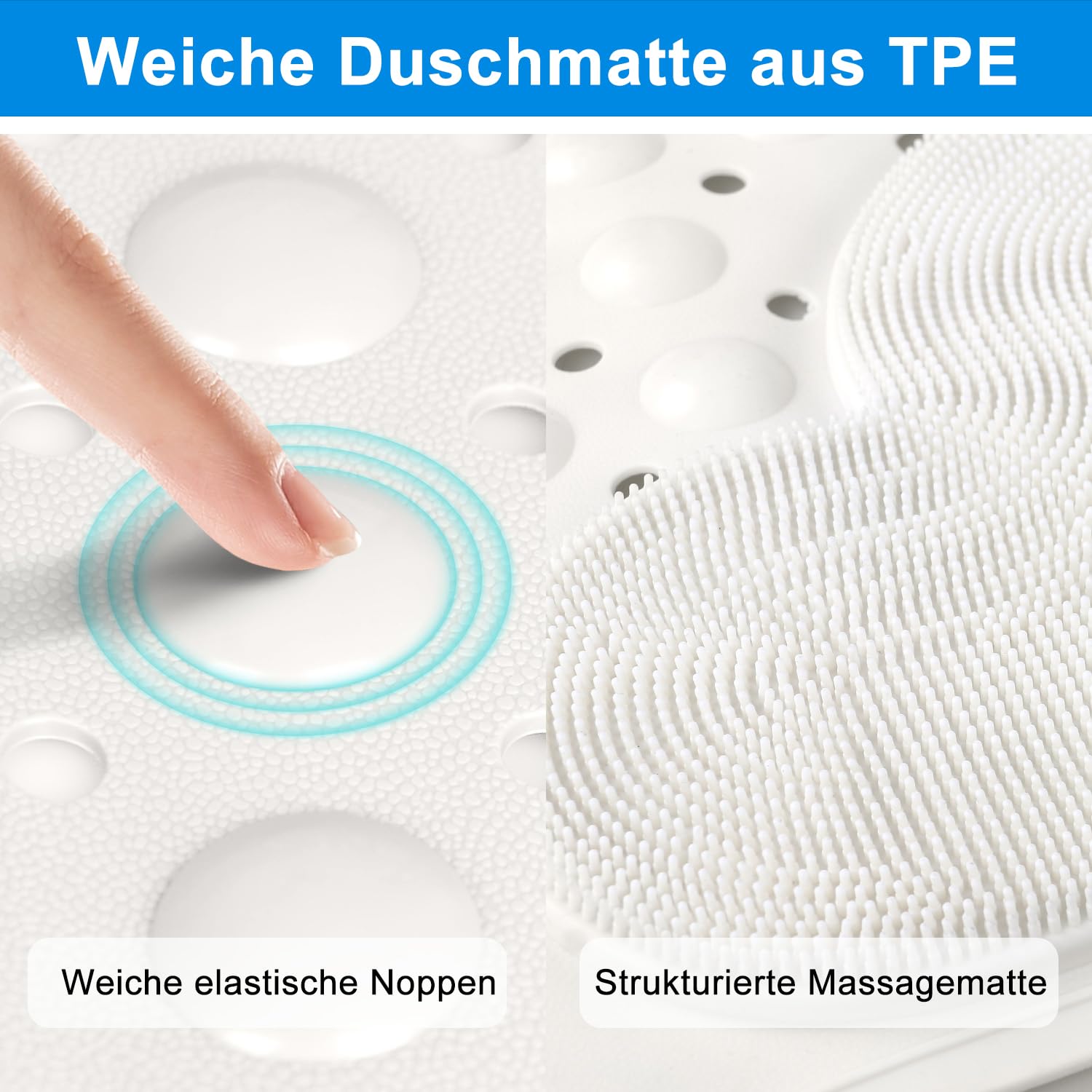 Tapis de douche antidérapant 90 x 60 cm, tapis de douche en TPE avec ventouses, grand tapis de douche antidérapant, sans BPA, blanc pur, 90 x 60 cm (rectangulaire)