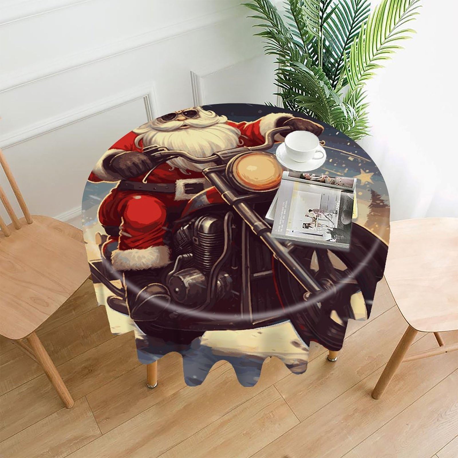 FekiLoot Santa Claus Biker Riding Round Tablecloth Cover 60 Inch Wrinkle Free Washable Polyester Fabric Table Cover Decorative Round Table Cloth for Home Dining Kitchen Party Farmhouse