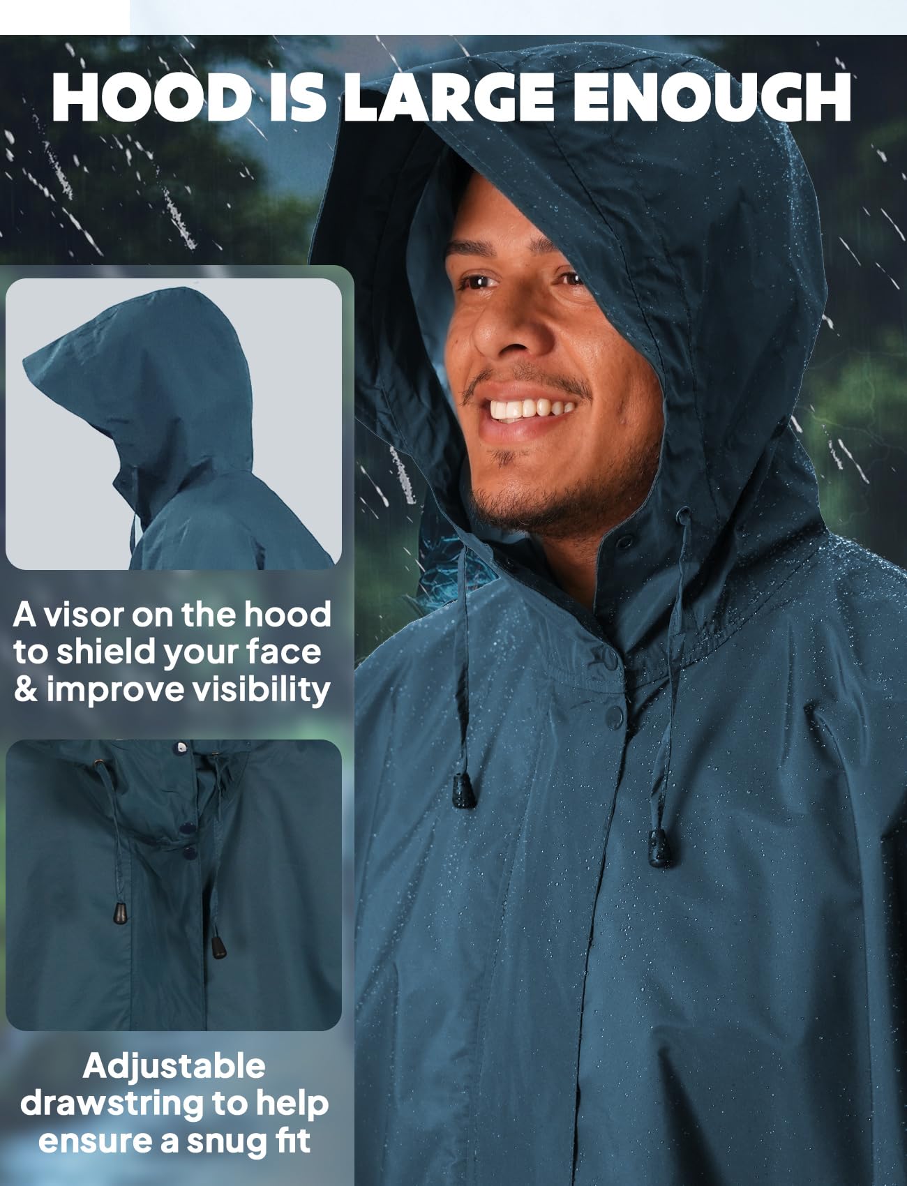 ANYOO Poncho de pluie imperméable avec capuche et manches, Léger manteau de pluie avec poche pour femmes et hommes pour la randonnée, le cyclisme en plein air, taille unique
