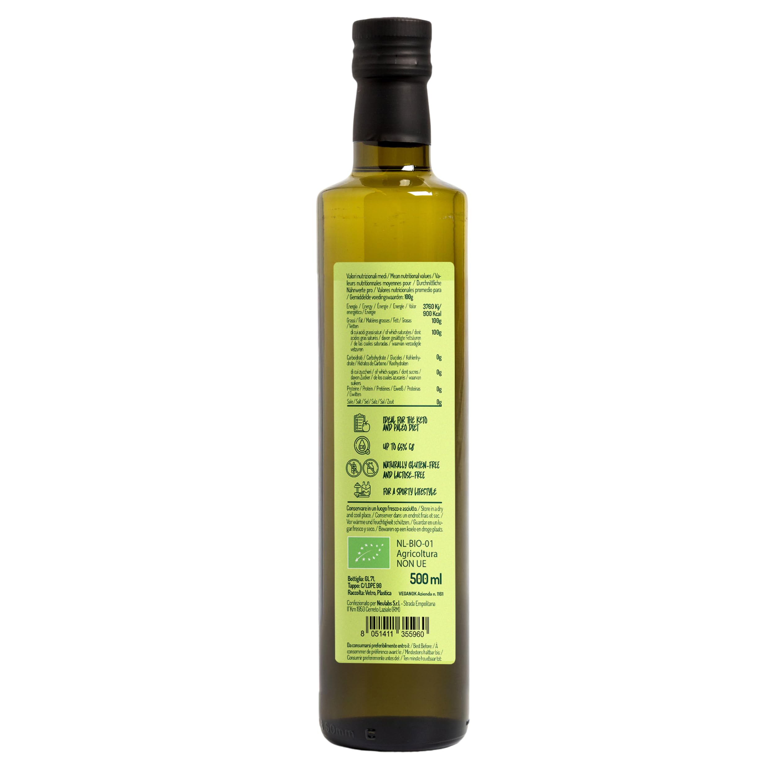 Aceite MCT C8 C10 de Coco Orgánico Prensado en Frío 500ml - 60% C8 40% C10 Virgen Natural Puro
