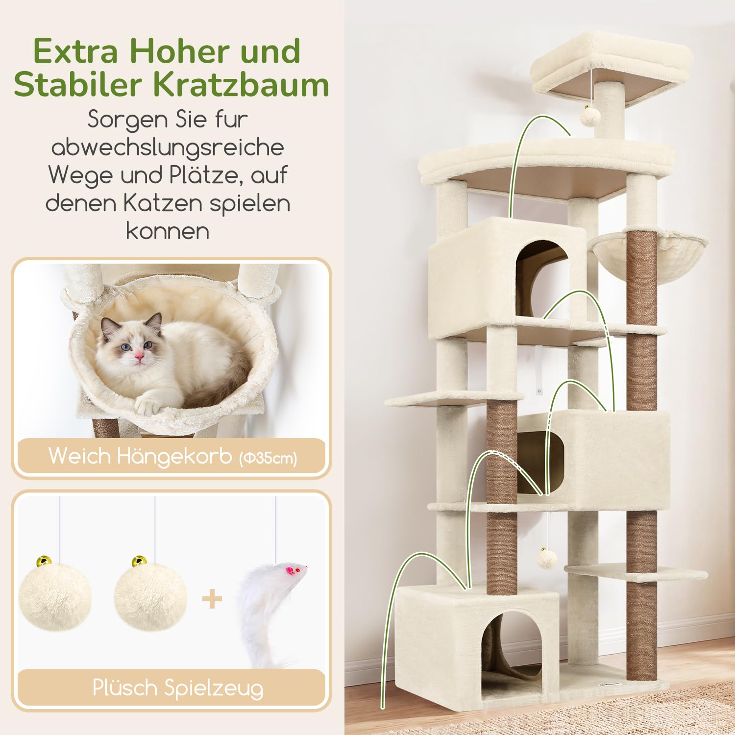 Globlazer S80 Arbre a Chat Beige XXL 203 cm Stable Pour 3/4/5 Grand Chats | Arbre à Chat avec 3 Grand Niches, Extra Large Plateforme, Griffer Sisal, Anti-basculement, Convient aux Maine Coons, Ragdolls