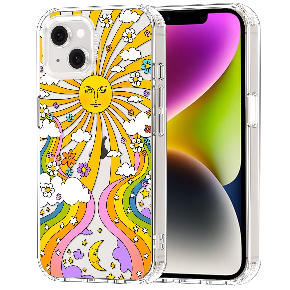 MOSNOVO for iPhone 13/14 Case | Military Grade 6.6ft Drop Tested | Clear with 70's Psychedelic Groovy Art Design