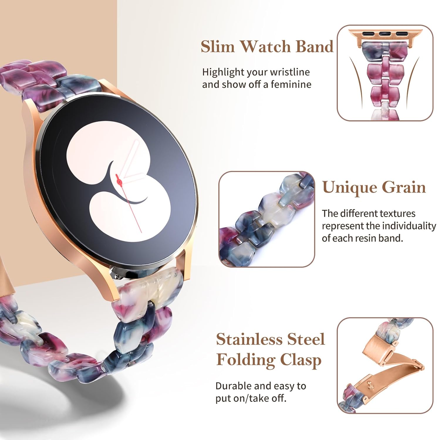 Resin Bands Compatible with Galaxy Watch 7/6/5/4/FE Band 40mm 44mm Women, Slim 20mm Band for Galaxy Watch 6/4 Classic 43mm 47mm 42mm 46mm, Colored Flower - Image 2