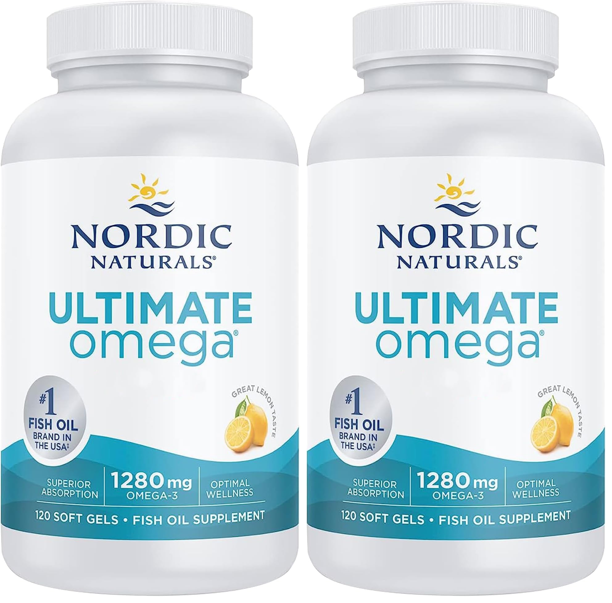 Nordic Naturals, Ultimate Omega-3, 1280mg, Sabor Limón, Alta Dosificación, 120 Cápsulas blandas, Testado en Laboratorio, Sin Soja, No GMO (Paquete de 2)