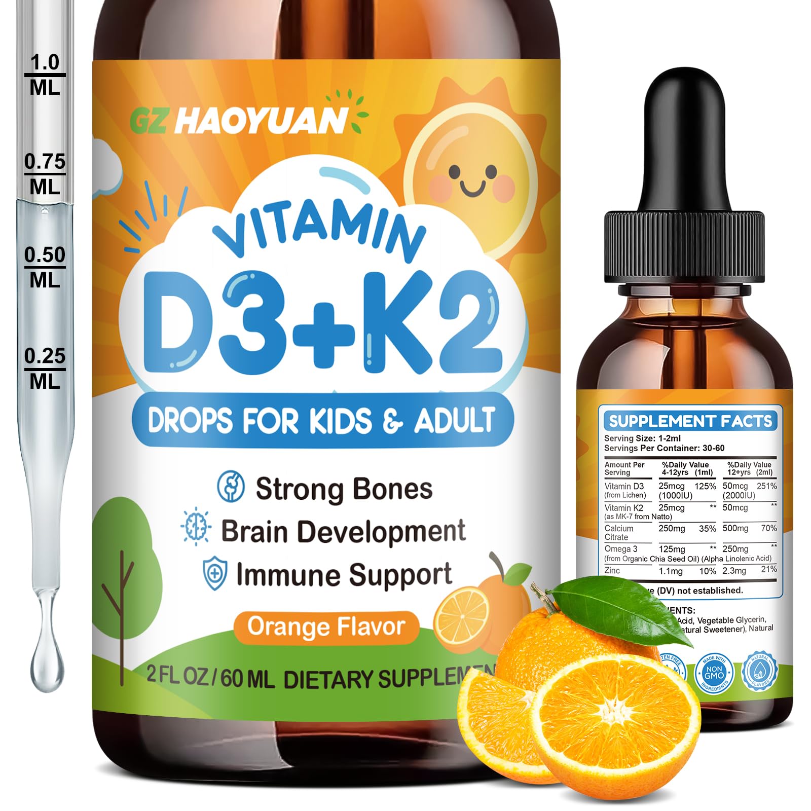 Vitamin D3 K2 Drops for Kids Liquid Supplement with Calcium, Omega 3, Zinc, Vitamin D3 K2 for Calcium Absorption Healthy Bones, Brain Development & Immune System, Non-GMO, Vegan, Orange Flavor 2 Fl Oz Orange 2 Fl Oz (Pack of 1)